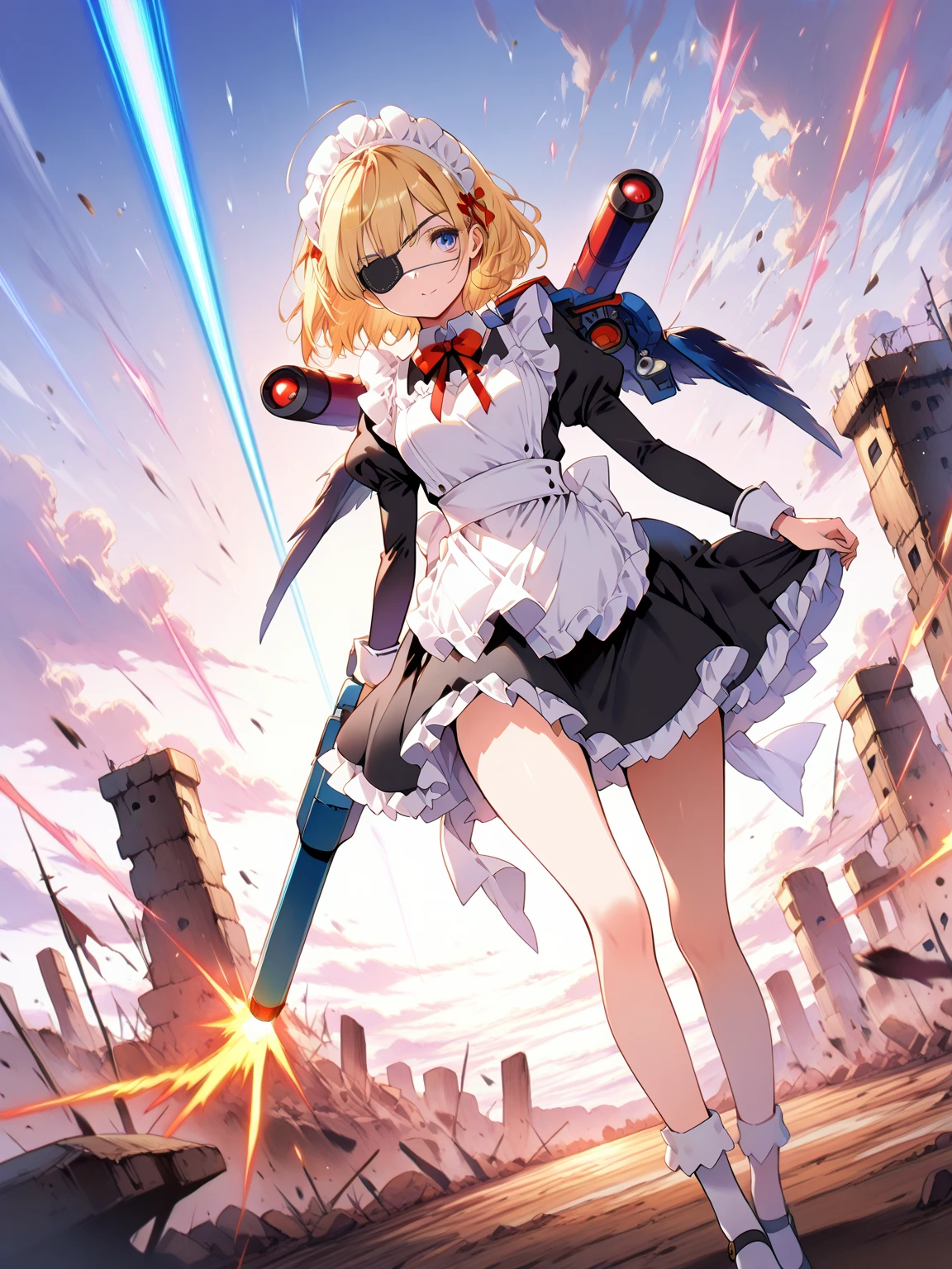 score_9 score_8_up score_7_up, source_anime, masterpiece, best quality, high resolution, absurdres, highres, depth of field, 1girl, solo, a maid in (single Eye Patch),((beam cannon on her shoulder)), flash, firing, holding, heavy weapon, thighs, (dutch angle), scenery, outdoors, battlefield,  (SuperQuality:1.2), DskOtrn_PnyXL, CyberRealistic_Negative_PONY