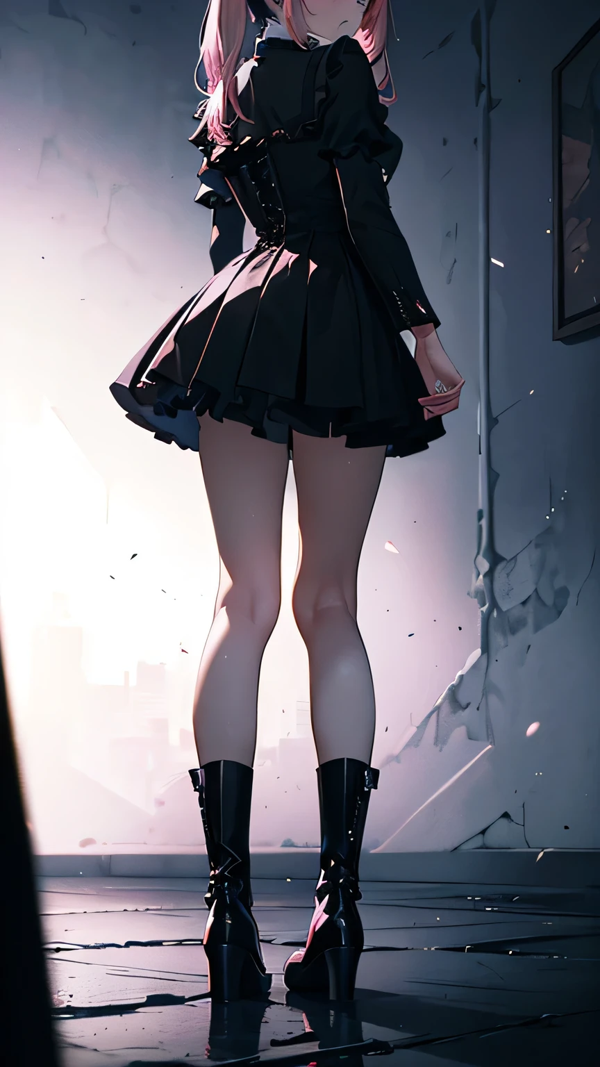 (masterpiece, super detailed ,In 8K, best composition, moody lighting, photorealistic, dynamic shot:1.5),standing、full body、from front、looking back、sad,, pink twin tails,blunt bangs、 Thin-lipped frown,,Pink and black color fashion,Jirai fashion with very delicate details,Black platform high boots, beautiful long legs ,no background