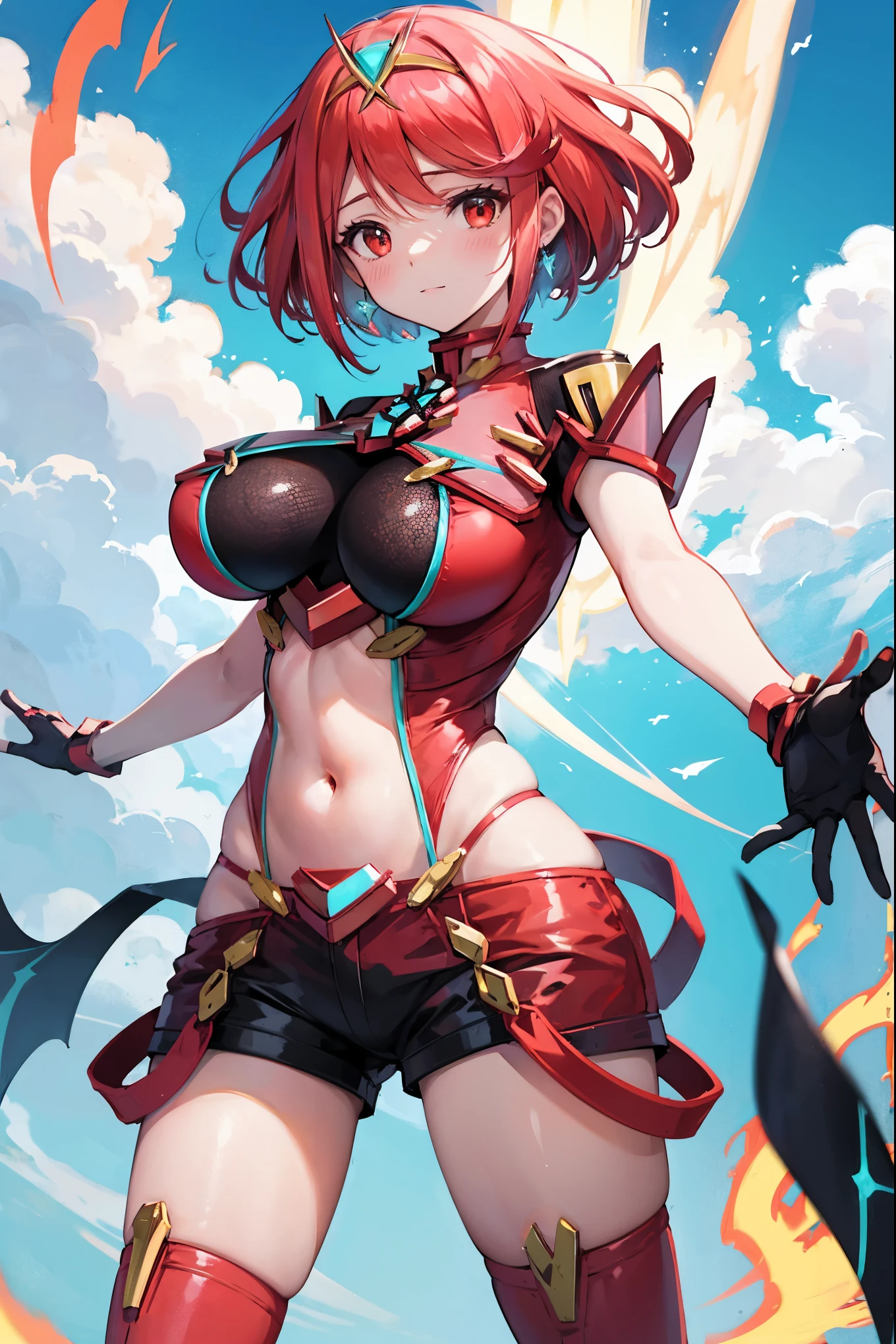 score_9, score_8_up, score_7_up, source_anime, rating_safe, BREAK pyra \(xenoblade\), 1girl, red hair, short hair, swept bangs, bob cut, red eyes, large breasts, tiara, earrings, chest jewel, backless outfit, bodysuit, covered navel, neon trim, clothing cutout, short sleeves, fingerless gloves, black gloves, short shorts, red footwear, thigh boots, floating, dutch angle, light smile, eye focus, closed mouth, looking at viewer, facing viewer, reaching towards viewer, outstretched arms, wind, floating hair, fire, aura, lightning, light particles, light rays, blue sky, cloud, sunlight, lens flare,(plump:0.7),(:3:0.6)