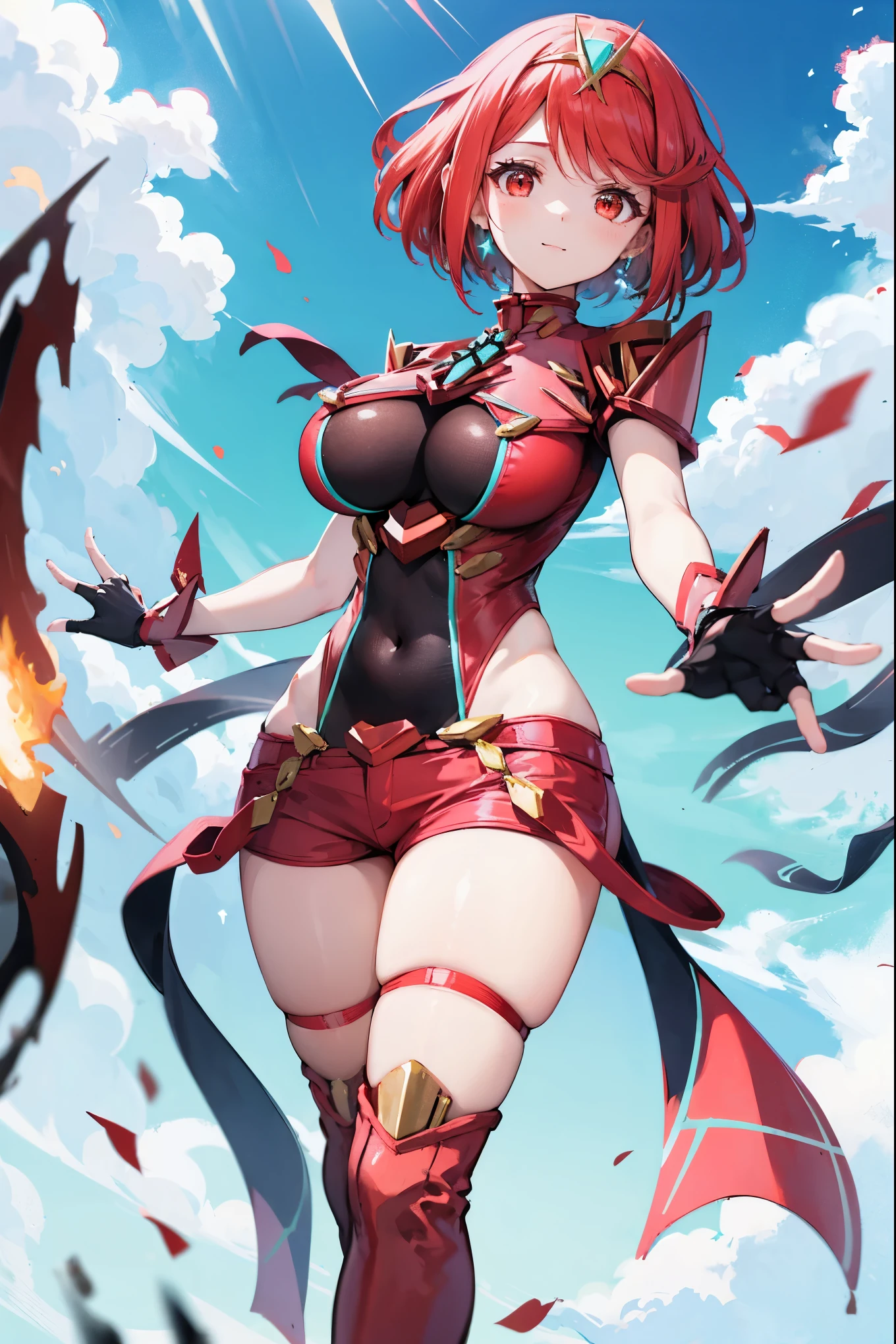 score_9, score_8_up, score_7_up, source_anime, rating_safe, BREAK pyra \(xenoblade\), 1girl, red hair, short hair, swept bangs, bob cut, red eyes, large breasts, tiara, earrings, chest jewel, backless outfit, bodysuit, covered navel, neon trim, clothing cutout, short sleeves, fingerless gloves, black gloves, short shorts, red footwear, thigh boots, floating, dutch angle, light smile, eye focus, closed mouth, looking at viewer, facing viewer, reaching towards viewer, outstretched arms, wind, floating hair, fire, aura, lightning, light particles, light rays, blue sky, cloud, sunlight, lens flare,(plump:0.7),(:3:0.6)