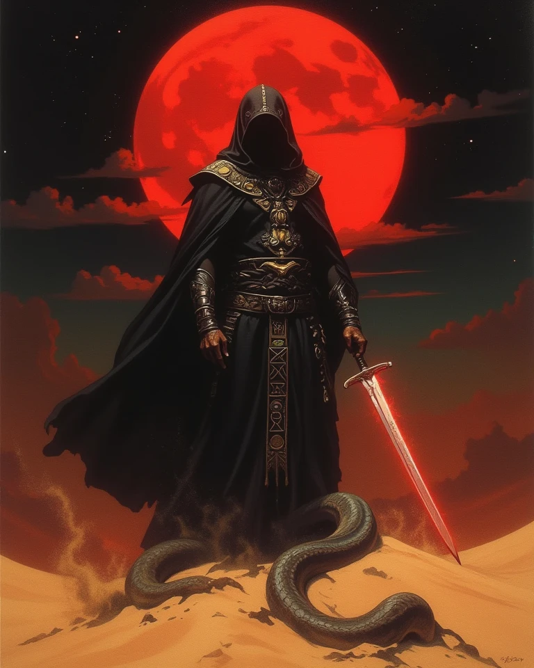 Frank Frazetta fantasy oil painting , Saudi Arabian warrior, dressed in a flowing dark cloak adorned with ancient symbols, holding a glowing scimitar, standing in a dark, mystical desert under a blood-red moon. The character strikes a powerful street-fashion-inspired pose, as sand swirls around their feet like enchanted serpents.