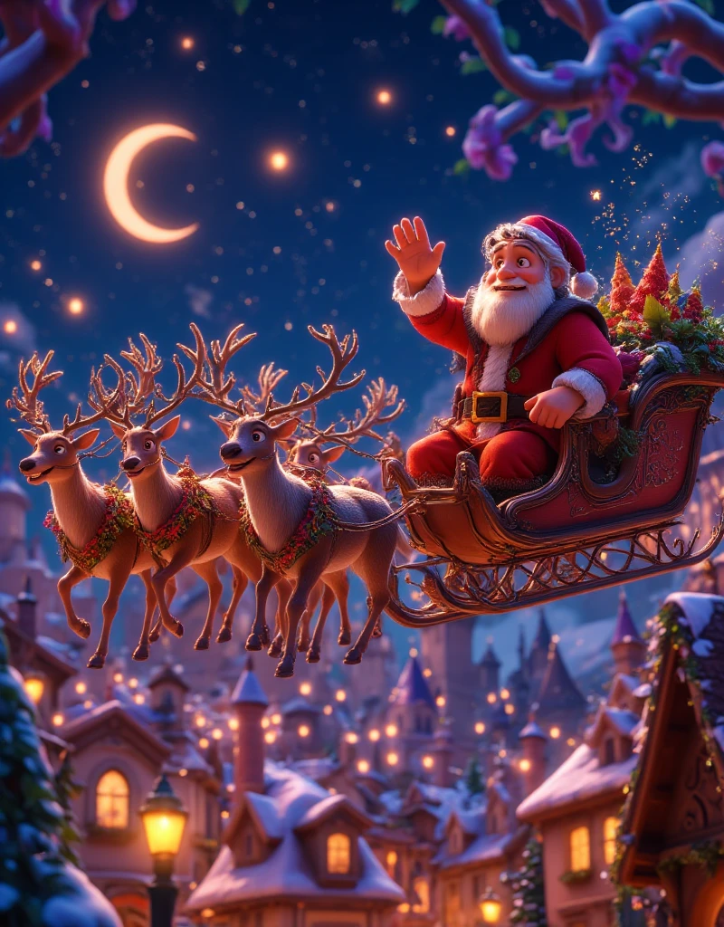 highly detailed, dynamic, cinematic, stunning, realistic lighting and shadows, vivid, vibrant, octane rendering, Unreal Engine, highly detailed, concept art, realistic, cry engine, (dramatic, grainy, intense: 1.4), highest quality, 32k uhd, incredibly detailed, intricately detailed, ultra detailed, ultra high quality, high detail, ultra detailed, masterpiece, A magical 3D Disney-style animation scene of (huge muscular Santa Claus) riding his sleigh, pulled by eight majestic reindeer, soaring high across a starry Christmas Eve sky. huge muscular Santa, dressed in his classic red suit and hat, waves cheerfully as he prepares to deliver presents to ren around the world. The sleigh sparkles with golden magic dust trailing behind, adding a whimsical glow to the scene. Below, a picturesque town is beautifully decorated with festive Christmas lights, with rooftops and trees shimmering in warm colors. The streets are bustling with tiny glowing details of families celebrating indoors. The night sky is deep blue, dotted with twinkling stars and the soft glow of a crescent moon, creating a sense of wonder and warmth. The style is vibrant and colorful, capturing the charm and magic of a Disney animated holiday story.