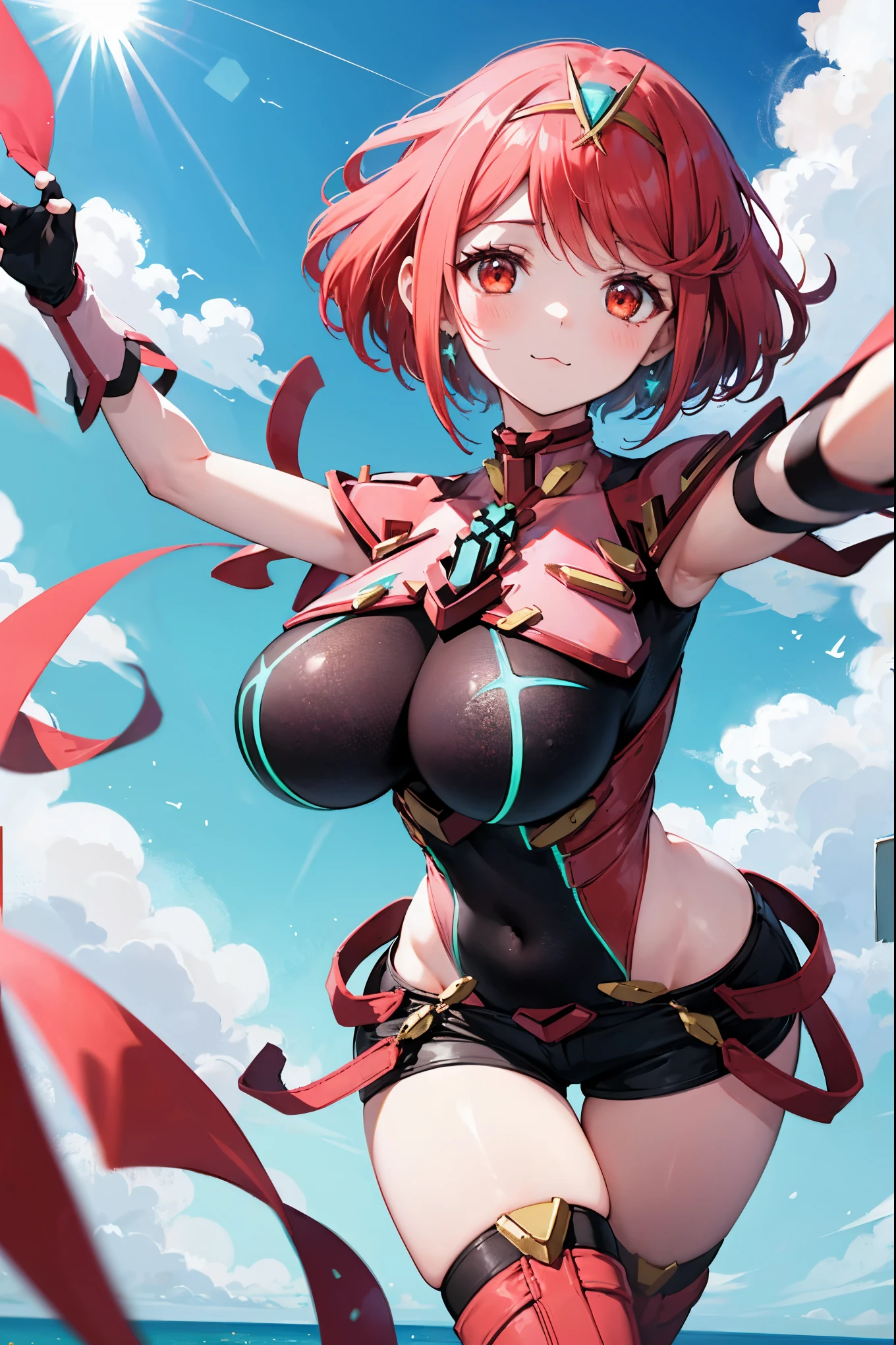 score_9, score_8_up, score_7_up, source_anime, rating_safe, BREAK pyra \(xenoblade\), 1girl, red hair, short hair, swept bangs, bob cut, red eyes, large breasts, tiara, earrings, chest jewel, backless outfit, bodysuit, covered navel, neon trim, clothing cutout, short sleeves, fingerless gloves, black gloves, short shorts, red footwear, thigh boots, fdutch angle, light smile, eye focus, closed mouth, looking at viewer, facing viewer, reaching towards viewer, outstretched arms, wind, floating hair, fire, aura, lightning, light particles, light rays, blue sky, cloud, sunlight, lens flare,(plump:0.7),:3