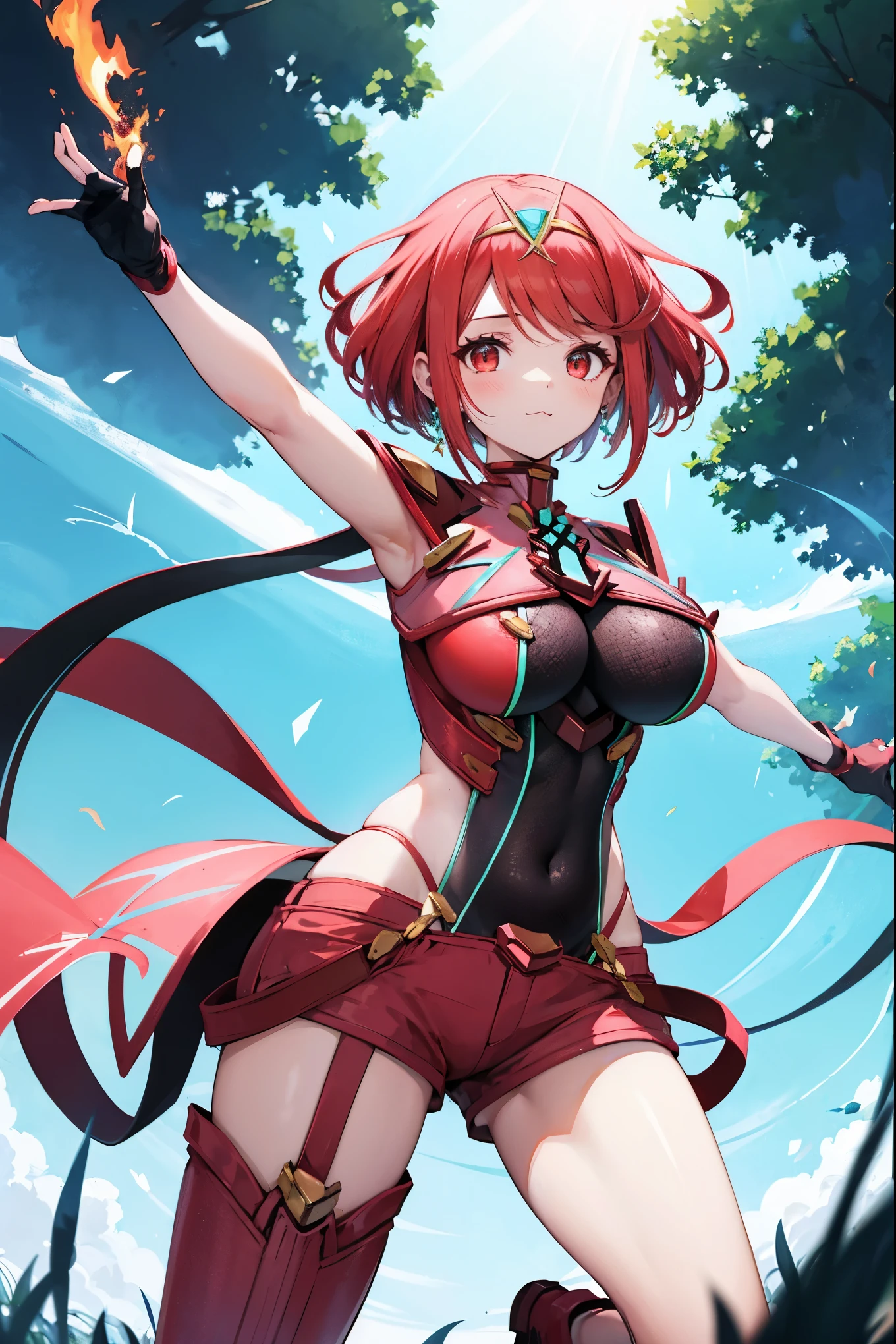 score_9, score_8_up, score_7_up, source_anime, rating_safe, BREAK pyra \(xenoblade\), 1girl, red hair, short hair, swept bangs, bob cut, red eyes, large breasts, tiara, earrings, chest jewel, backless outfit, bodysuit, covered navel, neon trim, clothing cutout, short sleeves, fingerless gloves, black gloves, short shorts, red footwear, thigh boots, fdutch angle, light smile, eye focus, closed mouth, looking at viewer, facing viewer, reaching towards viewer, outstretched arms, wind, floating hair, fire, aura, lightning, light particles, light rays, blue sky, cloud, sunlight, lens flare,(plump:0.7),:3