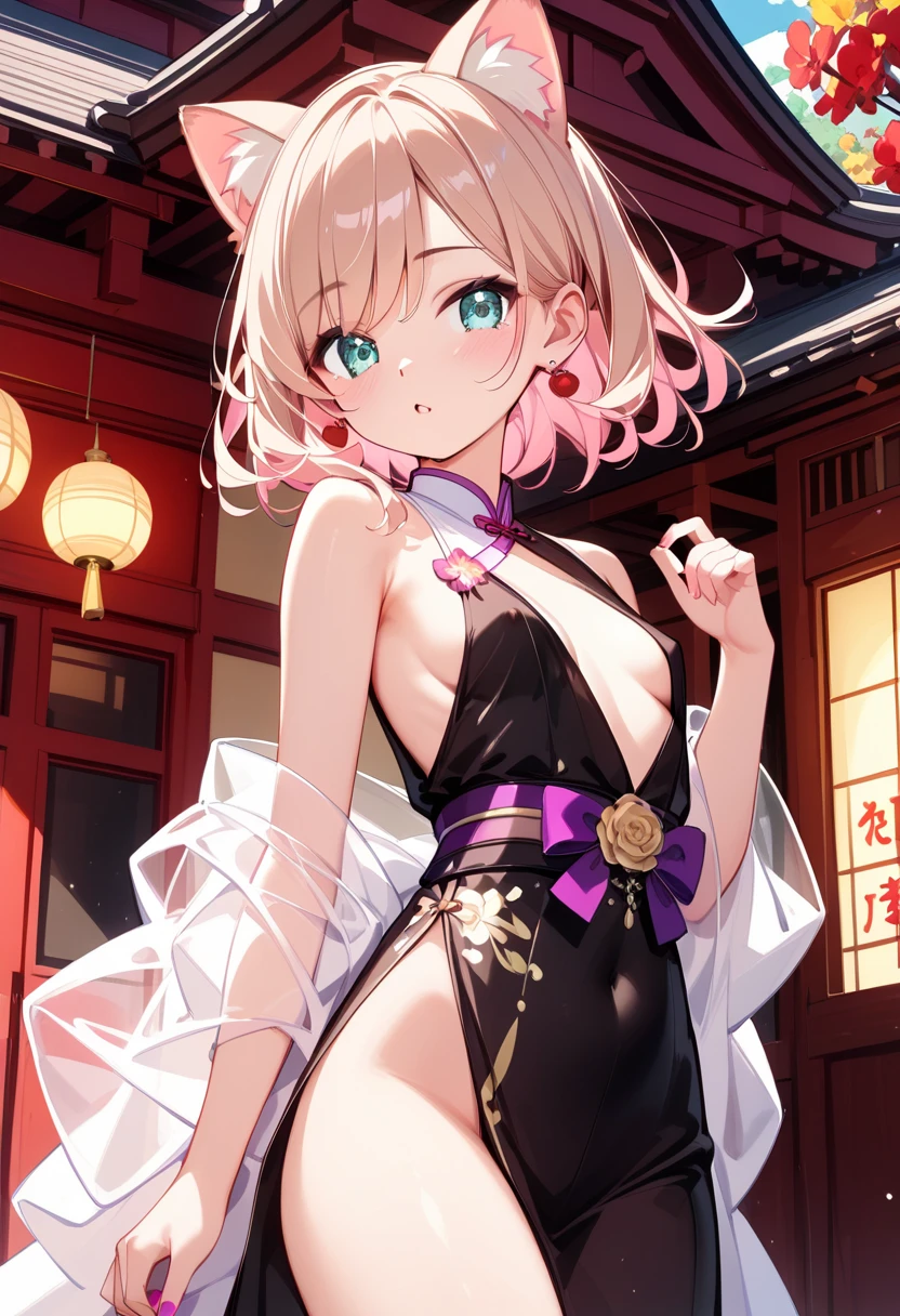 Pink Hair、Pink Eyes、girl、Small breasts、Hair Bun、girl、Small breasts、Lolita、Bright smile、Looks about 15 years old、Petan Musume、short、目のhighlight、Sexy thighs、Wearing china clothes、Showing armpits、Your eyes are so beautiful、highlight