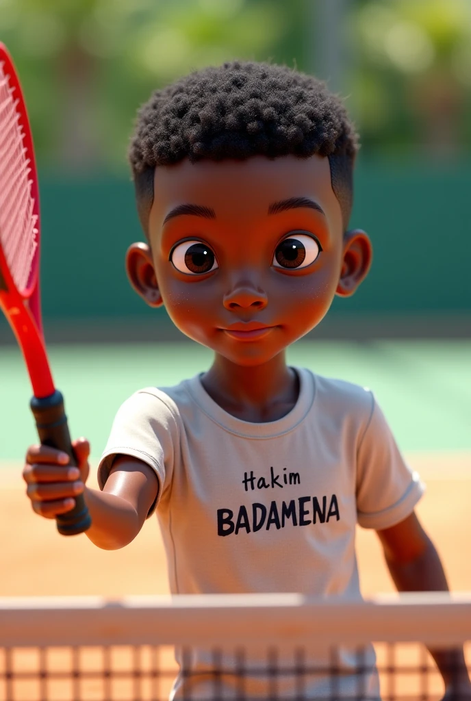  A black Malagasy boy with short hair ,His eyes are black  ,  with a paddle tennis racket  ,  is wearing a T-shirt named hakim badamena 