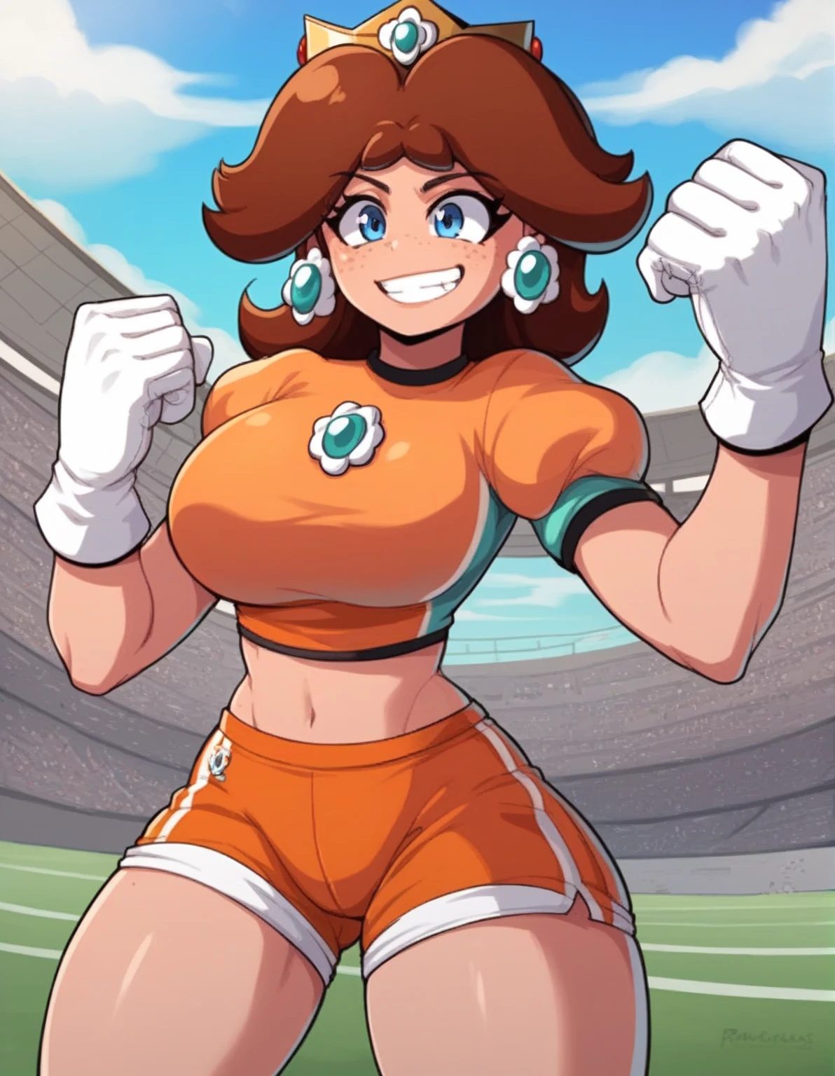 1girl, busty brunette comic book woman, gorgeous face, masterpiece, beautiful, high quality, high definition, superb quality, highly detailed, insane detail, hands on hips, happy, smiling, sexy pose, hand on hip, long hair, huge ponytail, slim, thin, athletic, womanly, rubbery, elastic woman, (modest red spandex with white panels on sides, red and white morph suit, tight top), rubber body, brunette, (((gigantic breasts, huge breasts slim waist, overflowing breasts, too big for her bra, perky breasts, round breasts, squished breasts, bursting breasts))), city, outdoors, bright lighting, soft lighting, natural lighting, natural color, heroic, cheerful, (bold nose, hawkish facial features),