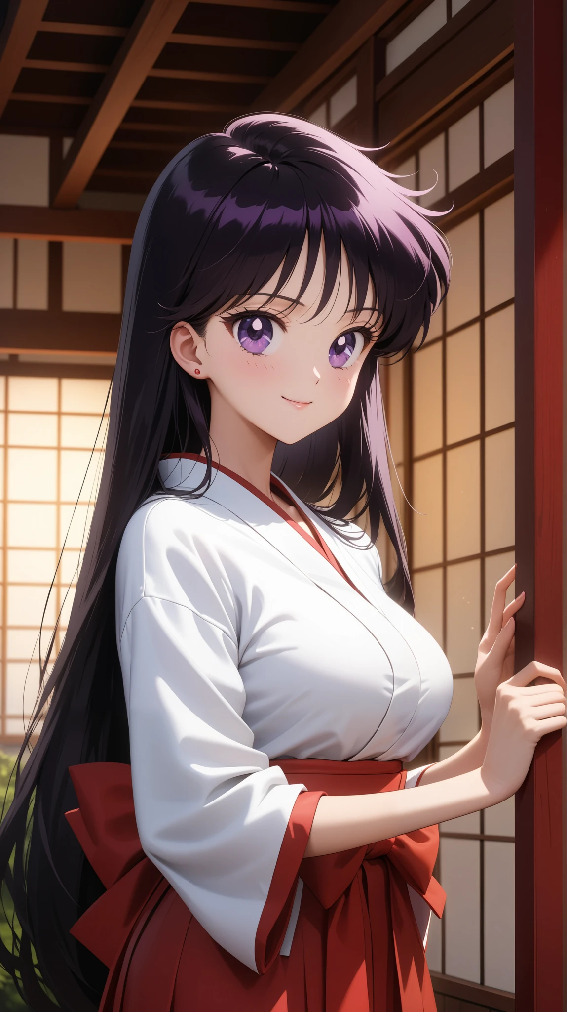 (masterpiece, best quality, very aesthetic, ultra detailed), intriguing details, aamars, long hair, black hair, stand, smile, miko outfit: red skirt white top, at Japanese home, evening time