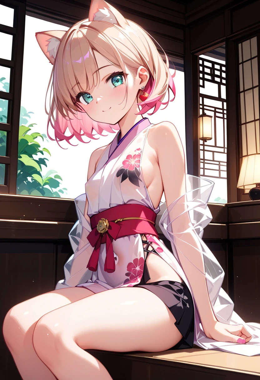 Pink Hair、Pink Eyes、girl、Small breasts、Hair Bun、girl、Small breasts、Lolita、Bright smile、Looks about 15 years old、Petan Musume、short、目のhighlight、Sexy thighs、Wearing china clothes、Showing armpits、Your eyes are so beautiful、highlight