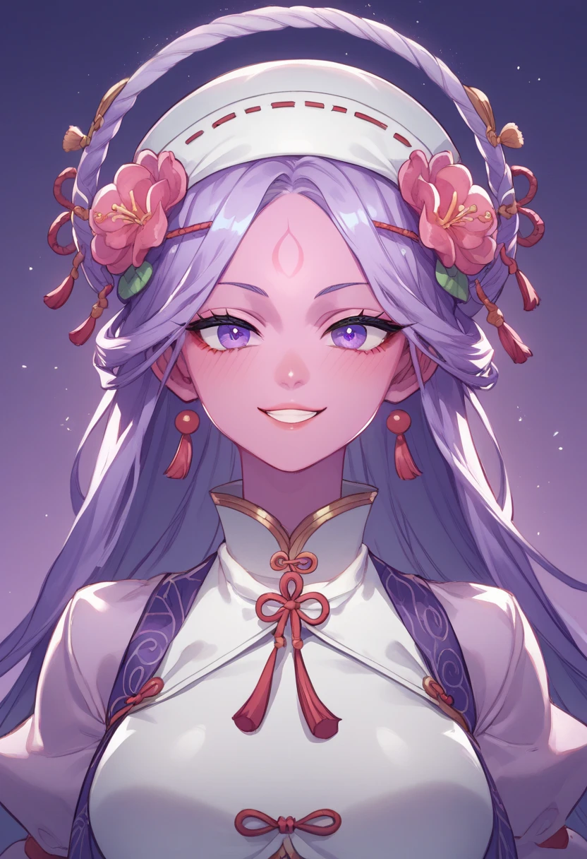 A jiangshi girl dances with a smile and a spin. She has pink skin and purple eyes. She wears a purple and white qipao with a flower on her hair. She has long hair that swirls around her. She is inside a white lighting box with a purple background.((fullbody))