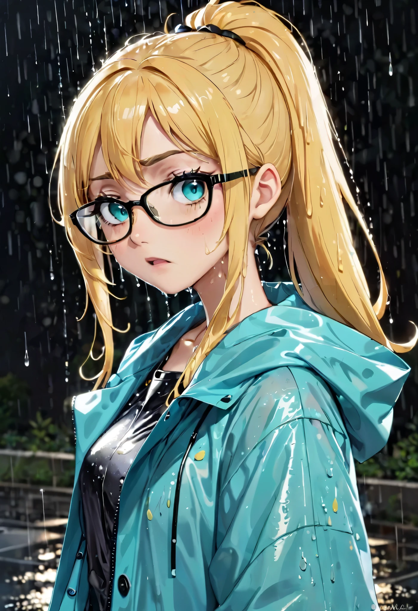 Anime girl with glasses and a blue raincoat in the rain - SeaArt AI