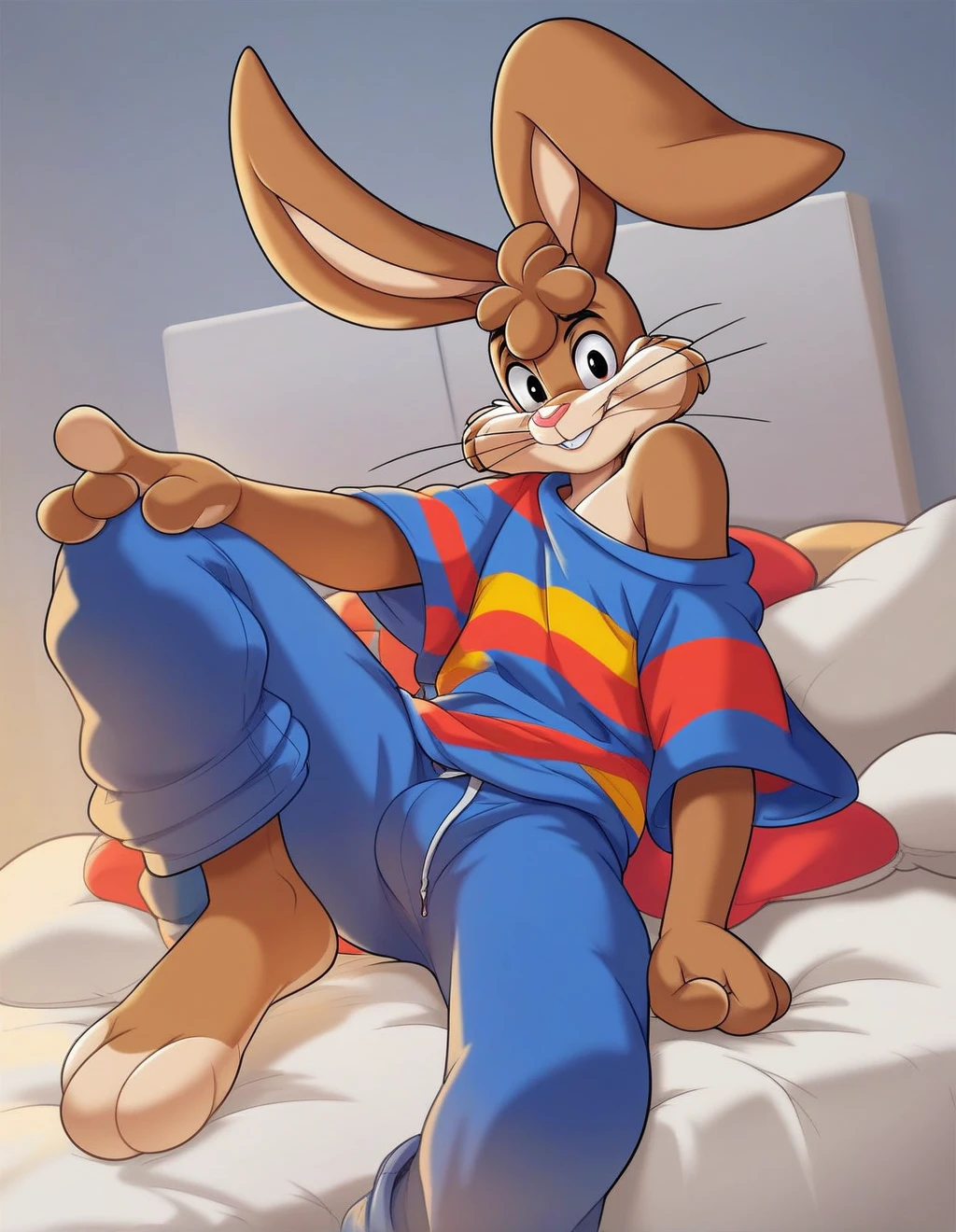 zPDXL3,quicky,4 fingers,brown fur, blue pants, blue striped shirt, French style, sitting down on the bed in the bedroom, young 25 year old adult, 6 feet tall, cute version of quicky, cute rabbit hair, furry, rabbit, male, femboy, eye stare, slim,solo,looking_at_viewer,