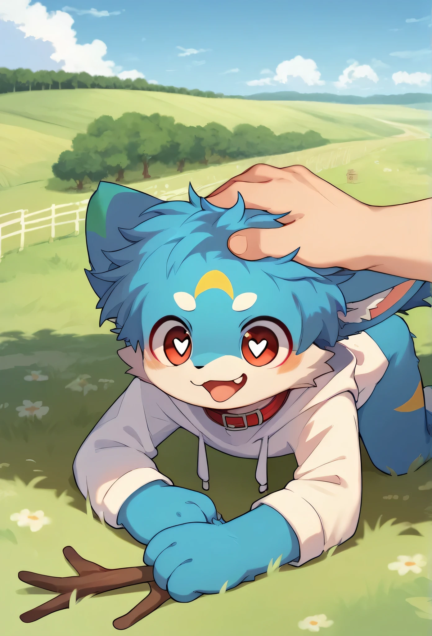   very detailedな,  very detailed,Blue fur,brown-hair ,,male,骨を見て excited,Heart Eye,participate,Red collar, green white and colored hat ,  cute face,  something like fluffy fur , excited,Horny boy, on all fours,smile,Plains,doll,Dropped ears,Plains, my mental age , stick out your tongue,Get a head pat,want,naked,Blue furの黒いショートパンツ,  sweatshirt  ,   Long Sleeve  ,trend,