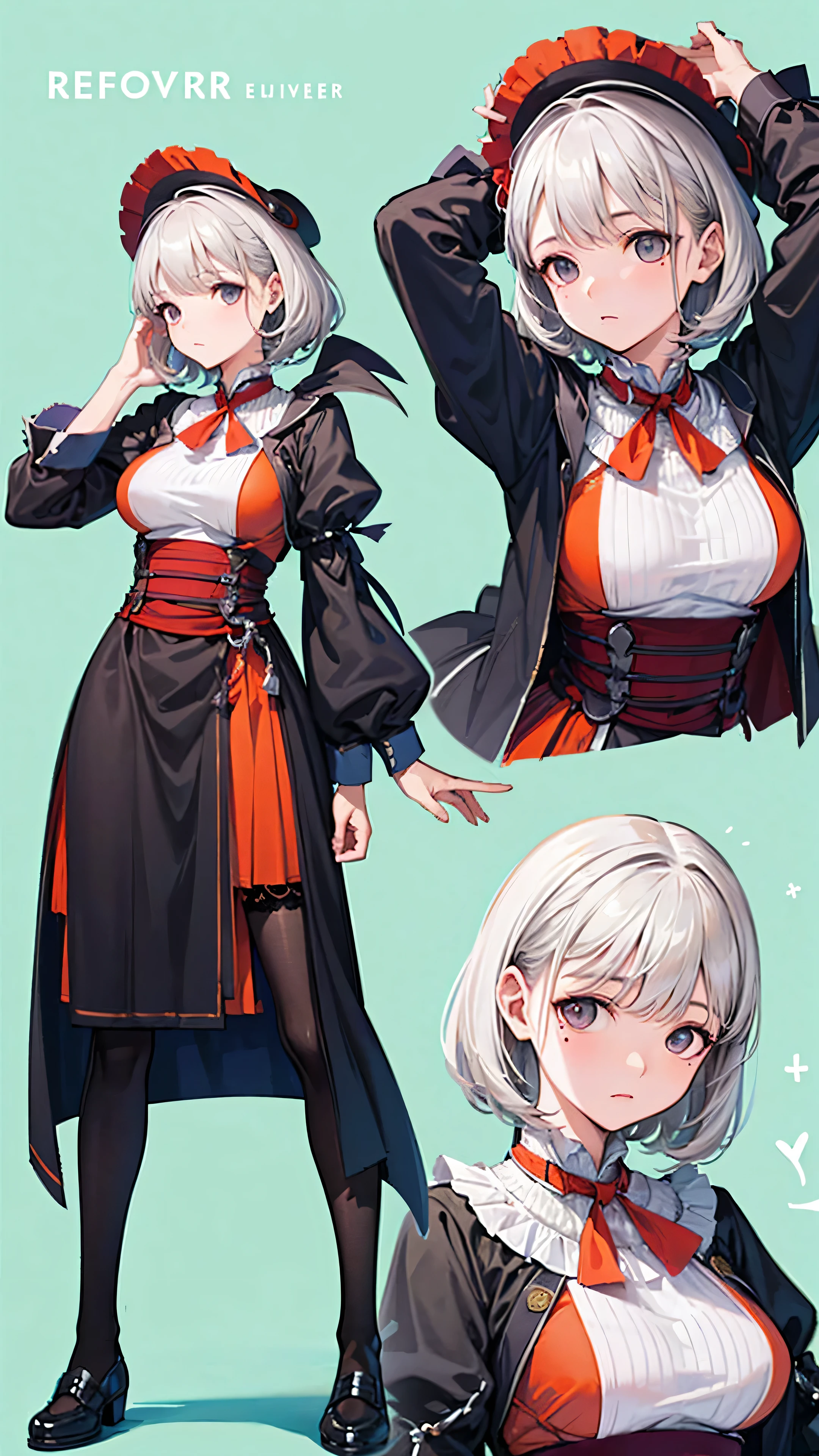 Anime Kawaii sexy Perfect Slim sensual body large breast and huge thighs, An intricate and highly detailed illustration of anime (Young girl) 1 girl, light hair, darker eyes, Solid eyes, blank stare, shorth hair, two braids, breasts big, school clothes, white collar, jaket, cape, overskirt, knee socks, no expression, no back ground, white background