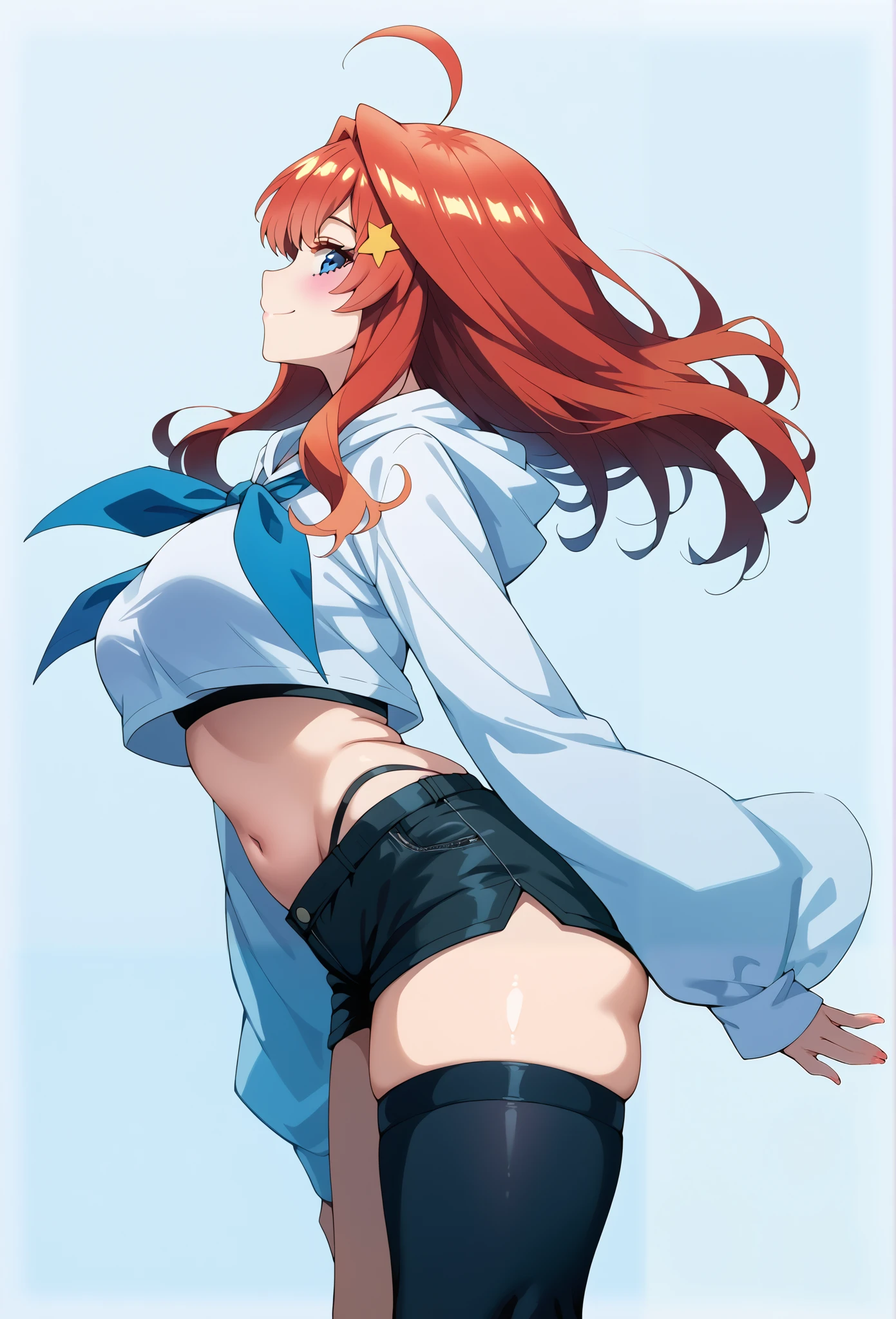 masterpiece, best quality, yukaii, jacket, sleeves rolled up, tube top, striped, belt, white panty, large breasts, standing, cowboy shot, turn back, from below, sky, clouds