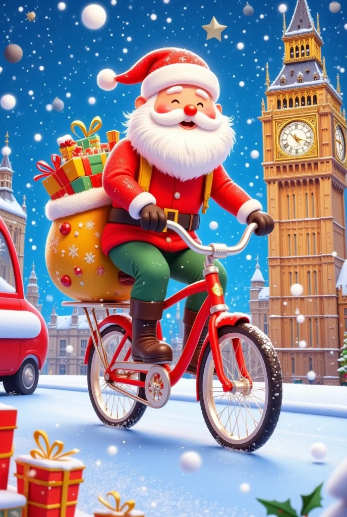 A postman on a red bicycle with a sack of gifts, wearing a Santa hat, cycling past Big Ben and Westminster Abbey under a snowy, festive sky.