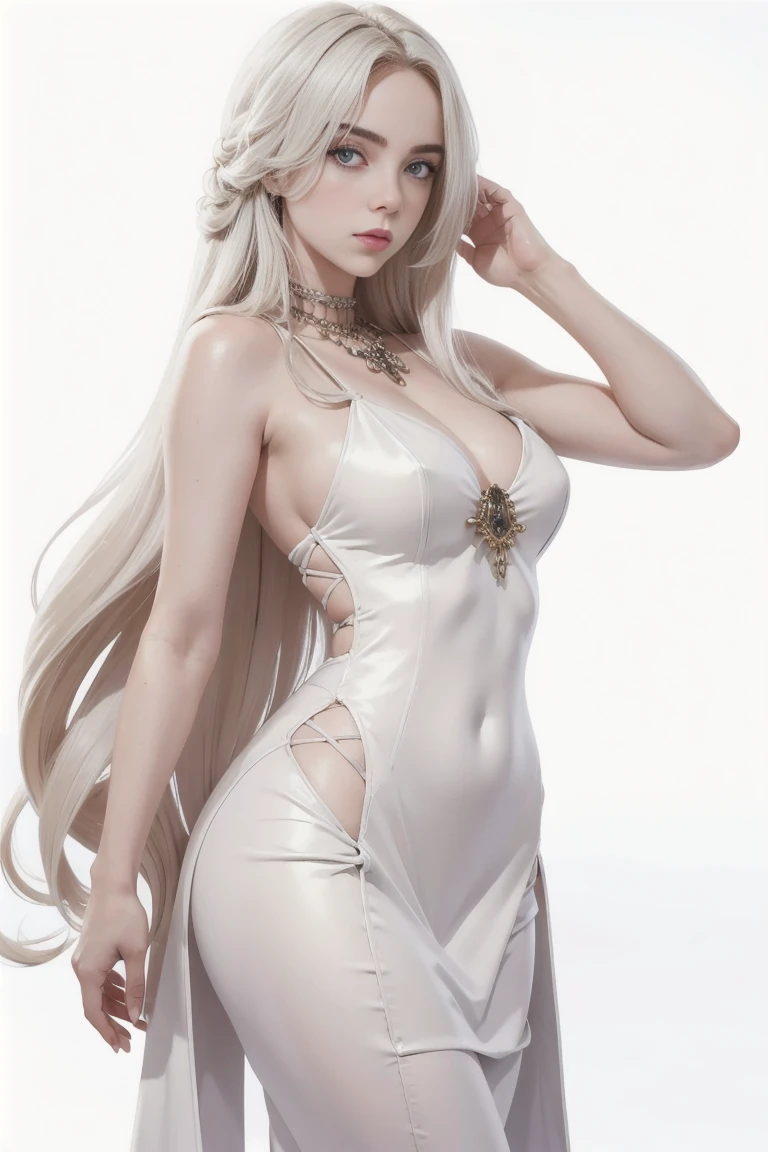Photorealistic, high resolution, 1womanl, Solo, Hips up, view the viewer, (Detailed face), White hair, Long hair, dress, miss universe, crown, jewelry, tattoo