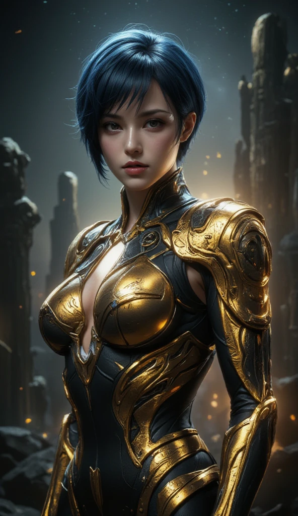 Amidst the ruins of a bygone era, Warframe stands resolute, a vision of unyielding determination. Her gleaming golden armor, adorned with intricate filigree and polished to a radiant sheen, seems almost otherworldly as it catches the light of the celestial bodies above. The short, dark blue locks that frame her heart-shaped face appear almost fragile in comparison to the imposing structures that surround her, yet it is this very contrast that underscores her unwavering strength.

As the stars twinkle like diamonds in the night sky, Warframe's piercing gaze seems to hold a deep connection to the cosmos, as if the secrets of the universe are hers to command. The crumbling columns of a long-lost temple rise up on either side of her, their weathered grandeur a testament to the transience of mortal endeavor, while she remains a shining beacon of power and resilience.

With her shoulders squared and her arms crossed, Warframe exudes an aura of quiet confidence, as if she is the guardian of a long-forgotten legacy. Her presence seems to embody the very essence of a bygone era, a fusion of ancient mystique and modern ferocity that is at once captivating and unnerving. In this moment, she is the embodiment of a legend, a hero forged in the very fabric of history itself.