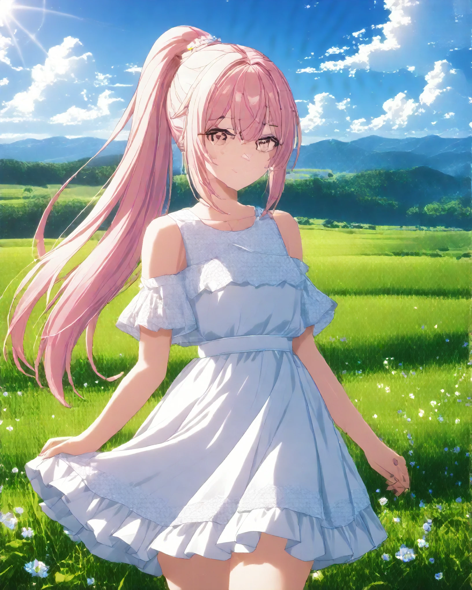 1girl, solo, Pink Shine Bright Hair, hair between eyes, Long hair, (ponytail), aesthetic detailed eyes, (Pink shiny Bright Eyes), bright pink eyes, (pale cheeks), (skin colored cheeks), Mesmerise, Little smile, closed mouth, (half body, cowboy shot),  BREAK
(white summer dress, knee-length dress), BREAK
(outdoors, green grass field, blue sky, white clouds, sunny), BREAK
HDR, 8K, masterpiece, best quality, amazing quality, very aesthetic, high resolution, ultra-detailed, absurdres, newest, scenery, 
masterpiece, scenery, aesthetic detailed background, best quality, game cg aesthetics, sharp focus, sharp details, beautiful detailed eyes, detailed skin, detailed hair, light particles,  photo background, depth of field, 
(masterpiece), best quality, ultra-detailed, 1024k UHD wallpaper, ultra-high resolution, depth of field, HDR, Ray tracing, RTX, high saturation, photon mapping, best texture quality, best compotitions, (extremely detailed CG 1024k wallpaper), High Details, Detailed face, Detailed Clothes, Ultra HD Photo, Perfect Face, expressive eyes, pale cheeks