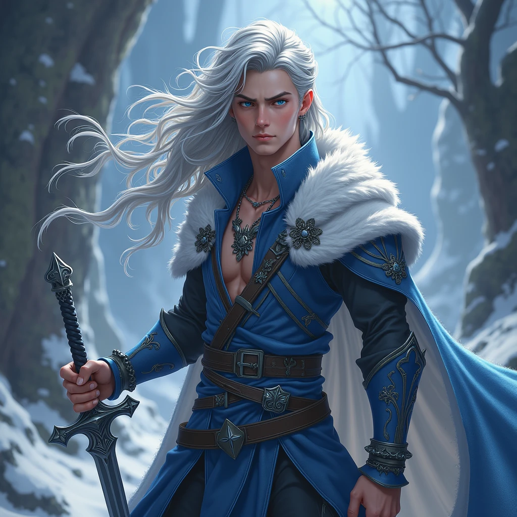Young beautiful male drow rogue with fade to white grey skin, long straight shiny white hair, blue grey eyes, thin long face, round chin, round plain cheeks, short white eyebrows, little lips with a natural smile and a nice sweet expression, athletic tall body, linen sleeveless tunic. Wairs a pair of sharpen dagger, blades covered with runes, wears tight leathered pants and a fade black cloak with a large wide hood