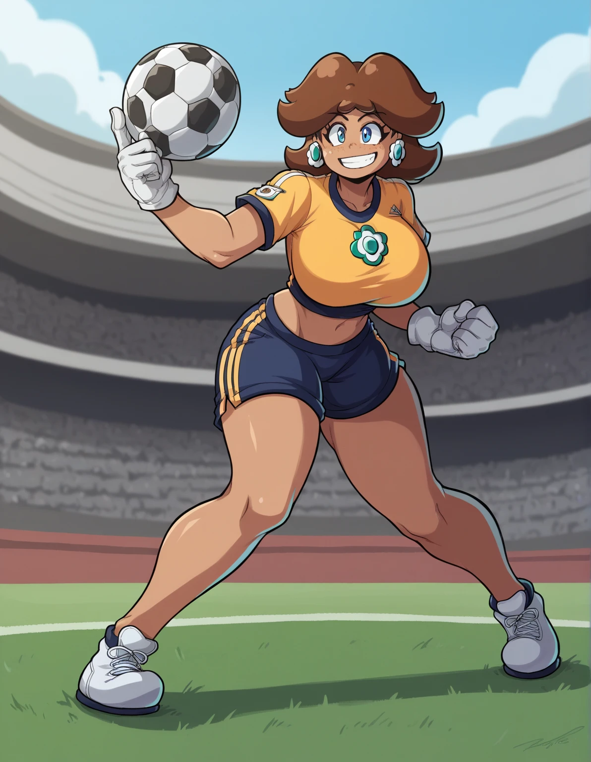 zPDXL, score_9, score_8_up, score_7_up, source_anime, 1girl, solo,
 pringus, Princess Daisy, brown hair, medium hair, freckles, tan-skinned female, grin, happy, tomboy, huge breasts, thick thighs, soccer uniform, short sleeves, white gloves, orange teel shorts,midriff, standing, smile, aqua lines, soccer field, outdoors, (insanely detailed, masterpiece, best quality),