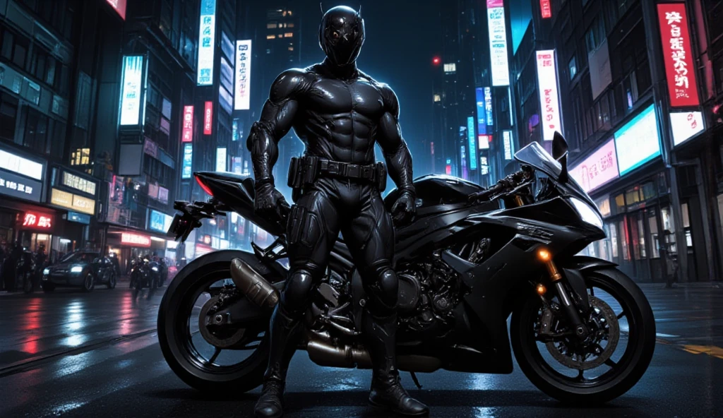 A full-body image of a muscular adult male dressed in police tactical gear, PTU-style, wearing a black leather full-body suit, mask, and racing boots. The sleek leather outfit provides full coverage, exuding a dark and intense atmosphere. The scene is illuminated by low light, casting dramatic shadows that enhance the mysterious and powerful presence. He stands beside a heavy-duty police motorcycle, ready for action, in a futuristic cyberpunk city street filled with neon lights and advanced technology. The composition emphasizes his commanding stance and the tactical precision of his gear, blending a sleek, futuristic aesthetic with a gritty, law enforcement vibe.,Alia suit