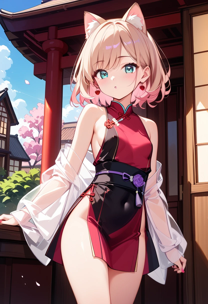 sharp yellow eyes, Teenage girl, from behind, gray hair short red dress with black polka dots thick thighs, turning to front, hair with gray ponytail, with, chara, Two-dimensional, standing in a classical dance hall (view from below ) underwear.