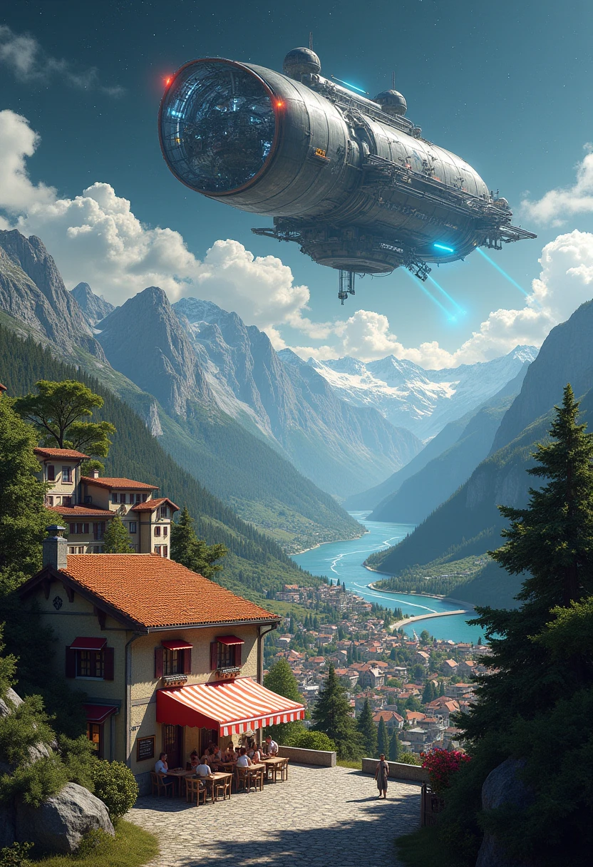 In this stunningly imaginative scene, a breathtaking juxtaposition of a serene Alpine town and a futuristic space environment unfolds. In the foreground, a quaint, historical building with a reddish-brown tiled roof and charming architecture stands proudly, adorned with a bright red and white striped awning, where subtly-clustered people engage in cheerful conversation and dining, creating a lively atmosphere. This building is flanked by lush greenery and trees, enriching the cozy ambiance. To their right, the vibrant town cascades down a gentle slope, revealing a tapestry of rooftops along winding cobblestone streets, punctuated by a vivid blue river snaking through the scenery. The middle ground showcases the natural beauty of the surrounding mountains, clothed in rich greens and earthen tones, offsetting the urban structures with a sense of tranquil wilderness. Towering peaks gently rise in the background, providing depth to the panoramic view, while wispy clouds intertwine with the mountaintops. Above this picturesque world, an immense, space station looms, with metallic beams and solar panels stretching across the fabric of space, catching the light from distant stars. The station is partially illuminated by a soft white glow radiating from within, enhancing its otherworldly presence, while the stars twinkle vividly against the deep black sky, signifying the vast universe beyond. The lighting in the scene is dynamic; warm sunlight bathes the town in a golden hue, while cool, ethereal lights from the space structure create contrasting tones that evoke curiosity and wonder. The color palette oscillates between earthy browns and greens of the town, punctuated with the calming blues of the river, harmonizing beautifully with the cosmic blacks and silvers above, instilling a palpable contrast between the familiar and the alien. Compositionally, the eye is guided from the vibrant details of the town towards the majestic mountains, ultimately leading to th