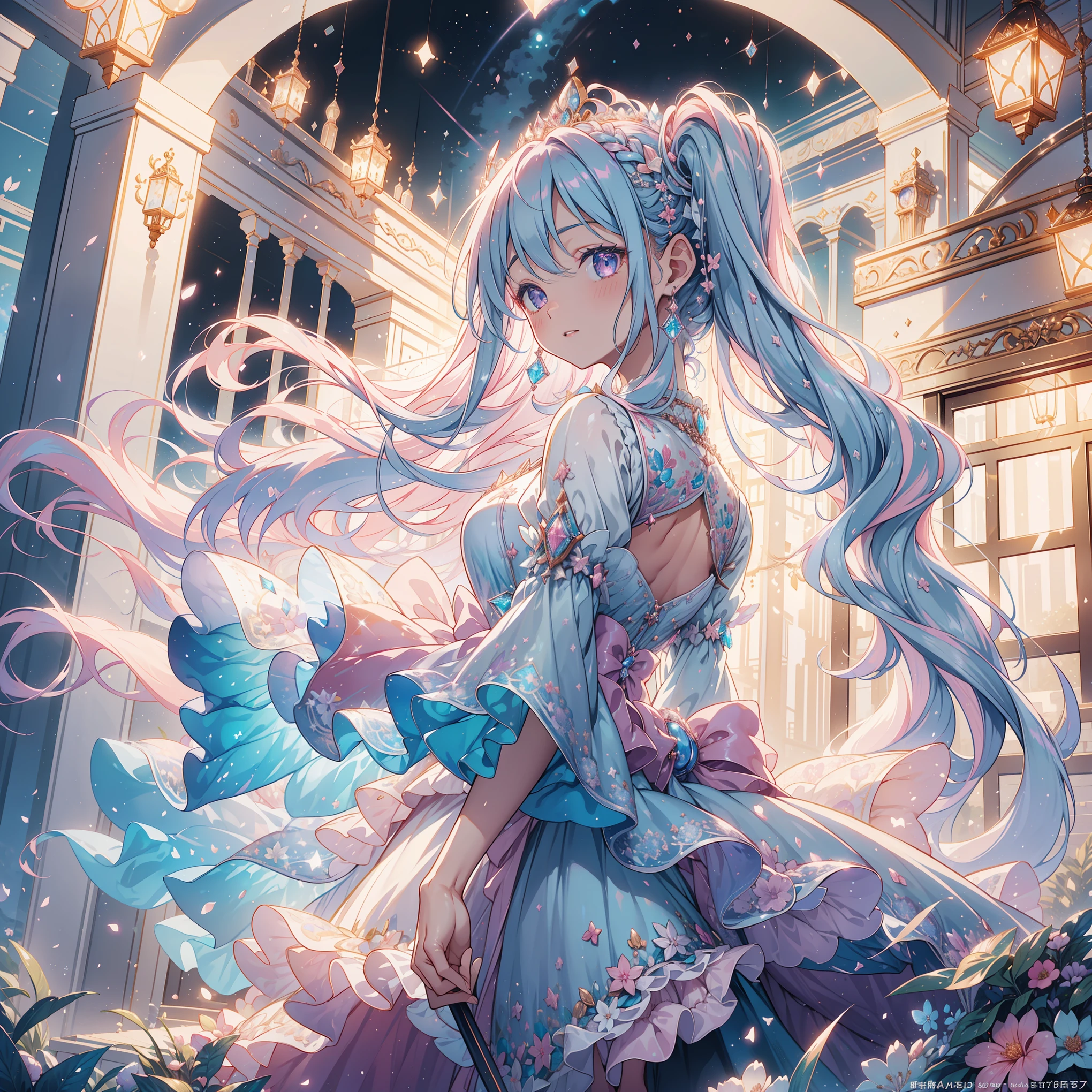 Pretty girl, headshot, iridescent organza dress, fluffy organza dress, veiled dress, extremely detailed, extremely pretty, turning back to look at viewer, sparkling threads in hair, splendid, gorgeous, dramatic lighting, sfw