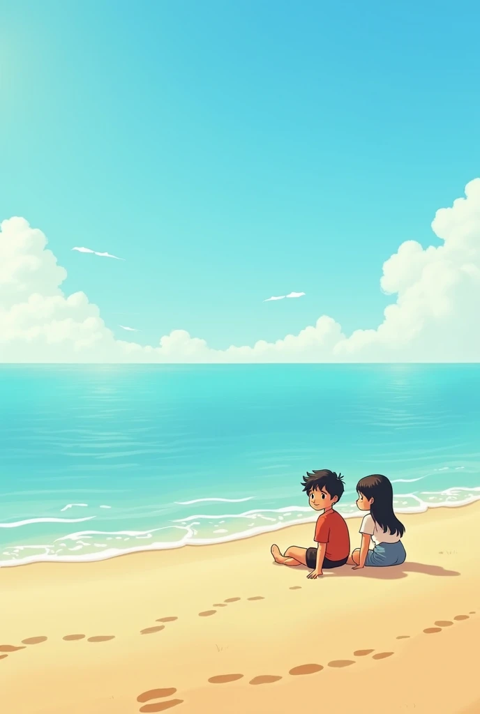 One girl and one boy seating seating beach near study