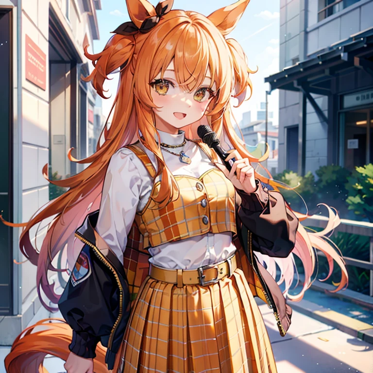 (( top quality )), ((masterpiece)), (  Details), ( super high res)、 Mayano Top Gun \( Uma Musume\)、
 Long Sleeve 、 white shirt、 plaid skirt、 pleated skirt 、 yellow skirt、White belt、Belt Buckle、 yellow vest、 orange skirt 、
perfect face、Perfect Hair、 perfect body、超 Detailsな瞳、超 Detailsな肌、
whole body、 standing、( cowboy shots 1 and 3)、
Open Mouth Smile、
Stylish city、 professional lighting、