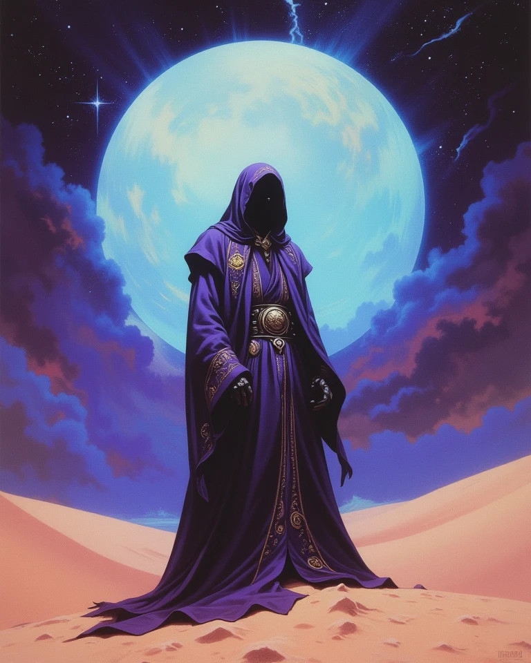 Frank Frazetta fantasy oil painting, Saudi Arabian warlock, clad in deep violet robes embroidered with arcane symbols, standing on a dune with a massive portal to another dimension opening behind him. His pose, casual yet mysterious, is reminiscent of street fashion photography, while the dark fantasy atmosphere is reminiscent of Dungeons & Dragons.