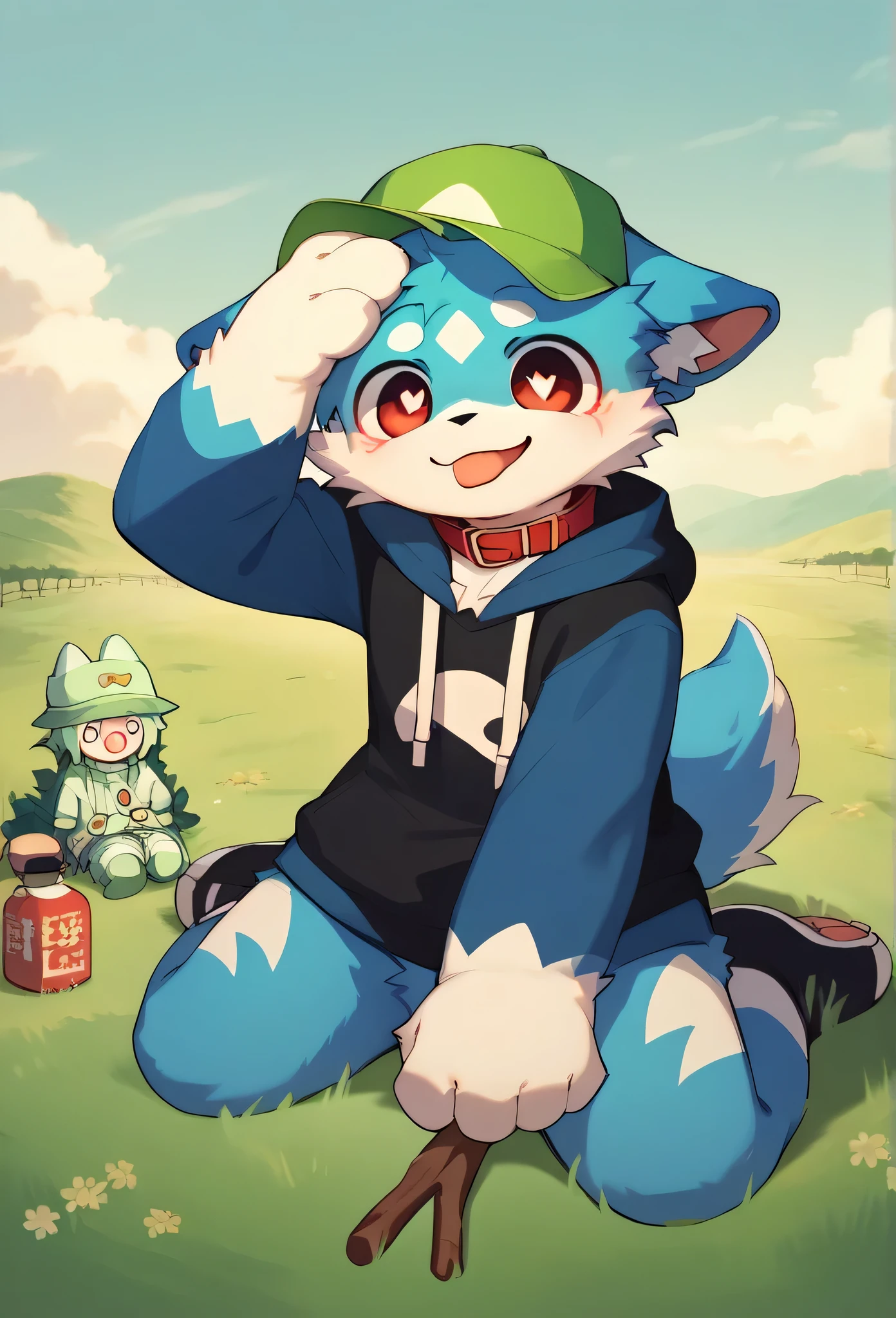very detailedな, very detailed,Blue fur,brown-hair ,,male,骨を見て excited,Heart Eye,participate,Red collar, green white and colored hat , cute face, something like fluffy fur , excited, boy,Sitting!, ,smile,Plains,doll,Dropped ears,Plains, my mental age , stick out your ,Get a head pat,want,Blue furの黒いショート, sweatshirt , Long Sleeve ,trend,