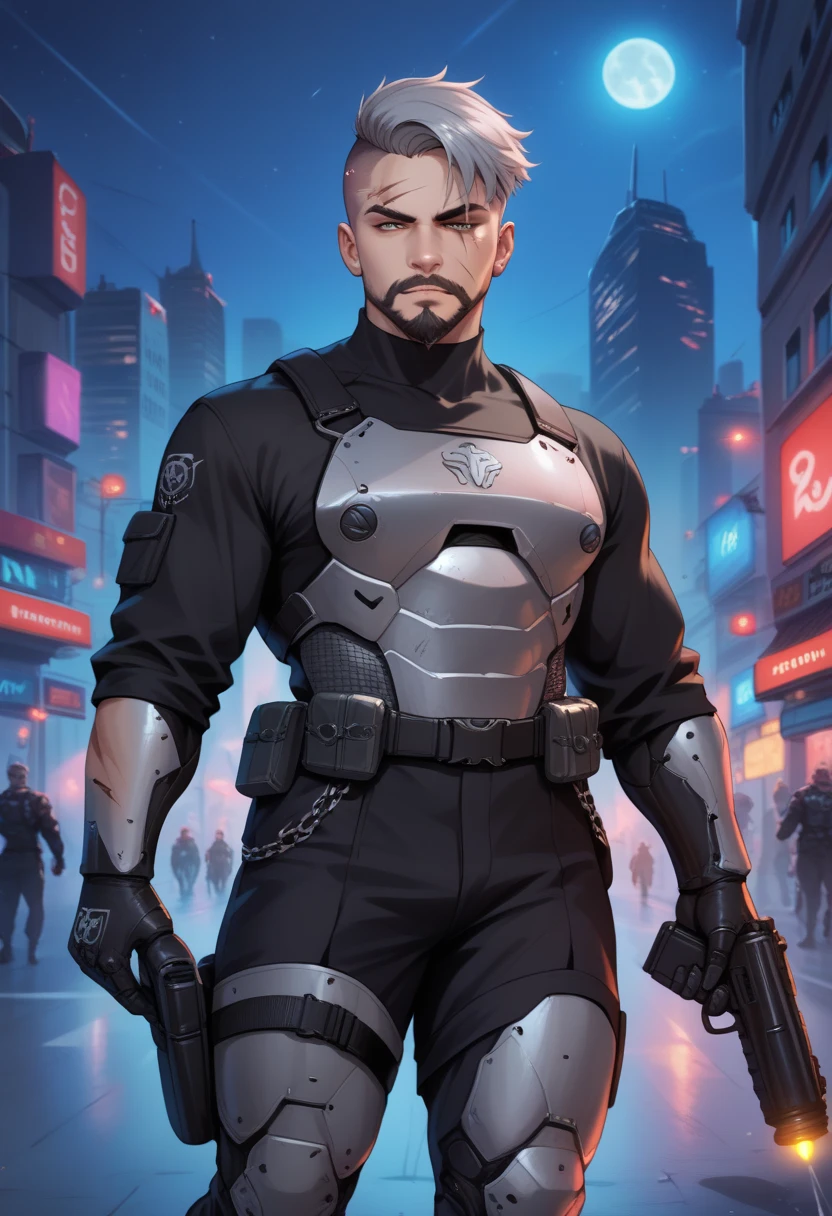 villain, evil, A 37-yr man, gray buzz cut short hair, beard grow slightly, scars on the face, Blind in one eye, muscular, black shirt, scifi iron futuristic bulletproof armor, holding a machine gun, standing in the city at night