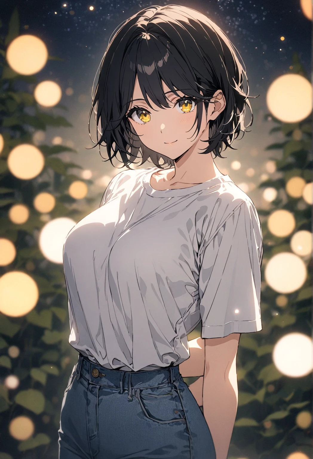 Tatiana Cartien, masterpiece, best quality, ultra-detailed, 8K, solo, alone, mature woman, adult woman, calm, elegant, beautiful, busty housewife, black hair, very short hair, tomboy, tomboyish hairstyle, yellow eyes, She is wearing a shirt and jeans. Standing on a magical dreamy celestial forest, night sky, cinematic depth of field, bokeh, close mouth, sweet smile, looking gently at the viewer, both hands and arms are behind her back, standing,