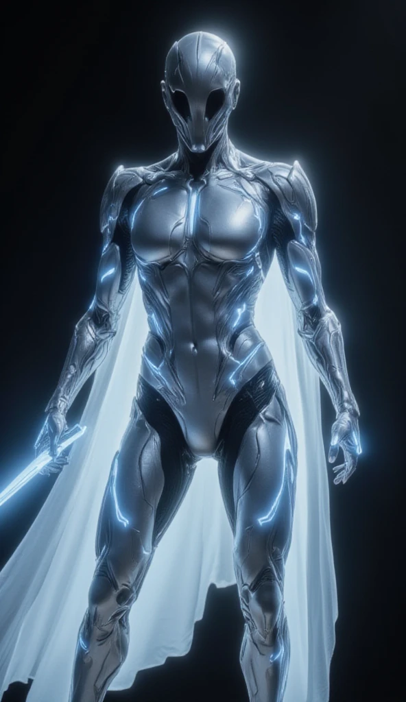 Warframe, a luminescent guardian, stands resolute against the dark expanse. Adorned in an intricate suit of silver armor, infused with ethereal energy, she embodies a fusion of strength and elegance. The armor's metallic plates shimmer with a soft, blue light, as if the very fabric of the suit is alive and pulsing with an otherworldly power.

A flowing white cape, embroidered with intricate circuitry, billows behind her, a testament to her unwavering dedication to her craft. Her face, a mask of serenity, is set in a determined expression, as if she has gazed into the very depths of the void and emerged unscathed.

In her hand, a radiant sword gleams with an intense, crystalline light, its blade a focal point for the energy that courses through her armor. The Warframe's eyes, pools of deep, unyielding resolve, seem to bore into the very soul of the darkness, a challenge to the shadows to come forth and test her mettle.

As she stands, a beacon of hope in a desolate universe, the Warframe embodies the unyielding spirit of a warrior, a shining exemplar of courage and determination in the face of overwhelming adversity.