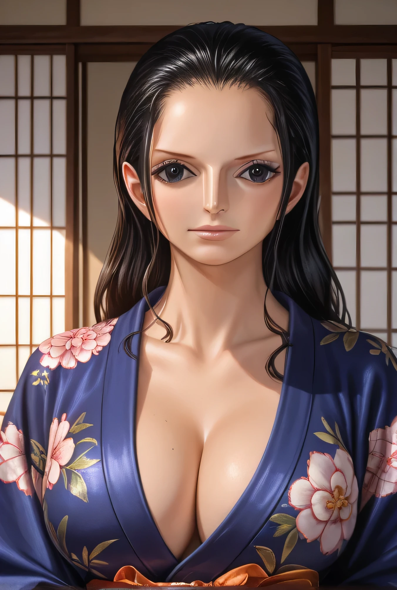 Nico Robin, long hair, ((big breasts: 1.1)), ((kimono: 1.1)), perfect face, beautiful eyes and face, ((Black eyes: 1.27)), Very detailed, single, ((detailed skin quality: 1.2)), ((unrealistic: 1.2)), high resolution, RAW photo, masterpiece, highest quality, beauty, whole body, hairstyle details, mature woman, Japanese room, RAW photo, highest quality, masterpiece, realistic, high resolution, hyper detail, realism, beautiful face, 1 woman, high resolution, 8k, highly detailed, 4K, Pixiv