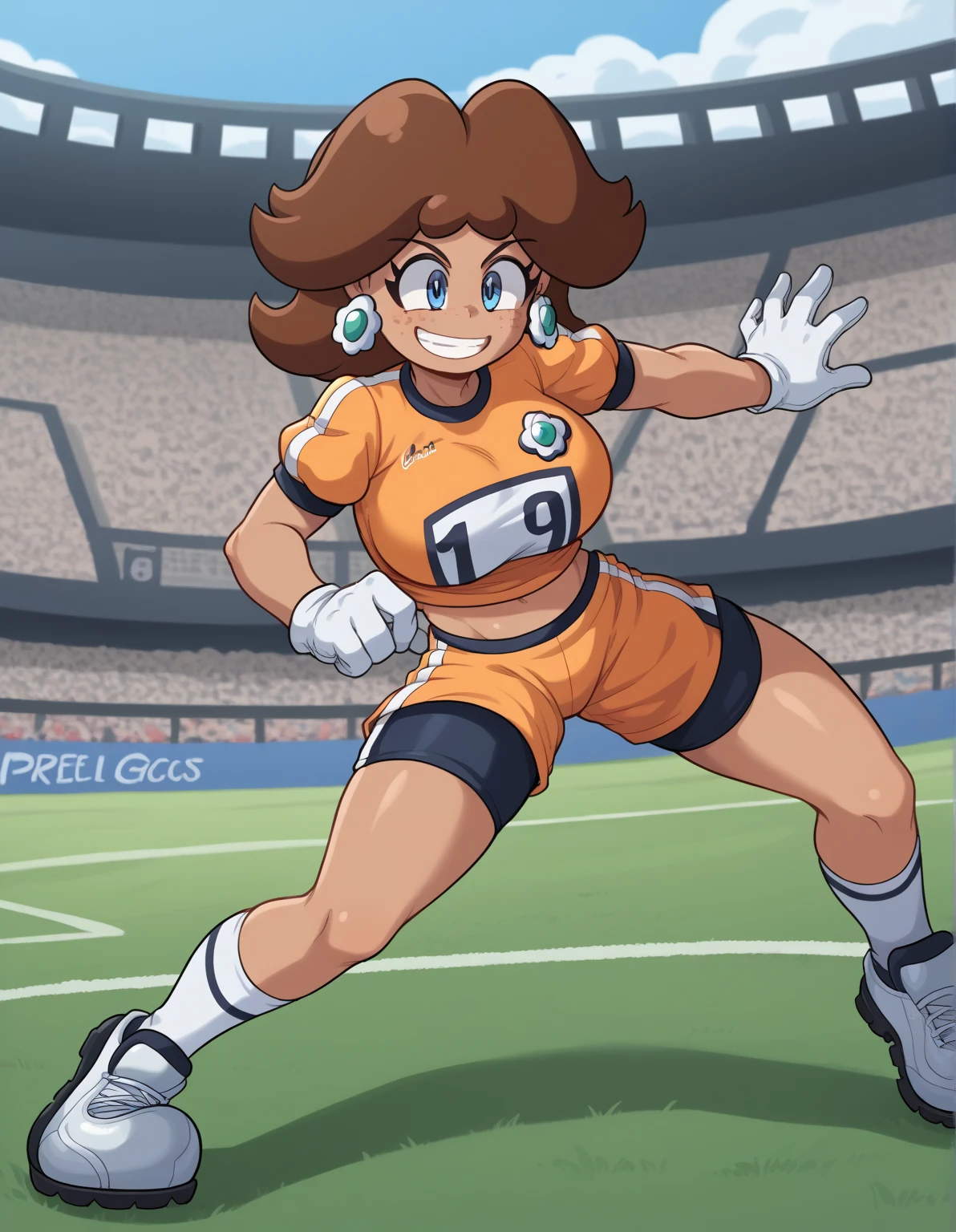 zPDXL, score_9, score_8_up, score_7_up, source_anime, 1girl, solo,
 pringus, Princess Daisy, brown hair, medium hair, freckles, tan-skinned female, grin, happy, tomboy, huge breasts, thick thighs, soccer uniform, short sleeves, white gloves, orange teel shorts,midriff, standing, smile, aqua lines, soccer field, outdoors, (insanely detailed, masterpiece, best quality),