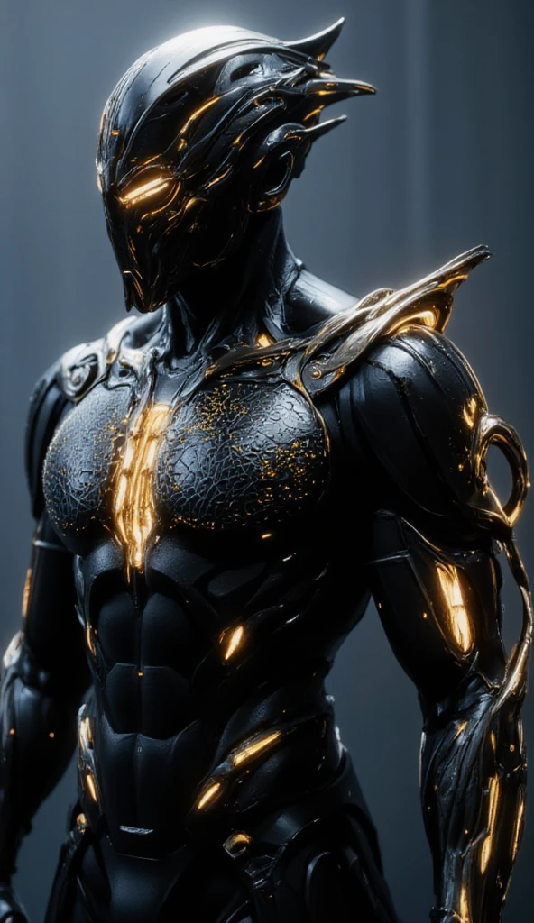 Warframe stands tall, clad in an advanced, high-tech exosuit that seems to defy the laws of conventional armor design. The sleek, black body armor is adorned with razor-sharp, metallic spines that appear to be an integral part of the suit's framework, lending an air of menacing elegance to the Warframe's already imposing figure.

A glossy, high-contrast visor encases the Warframe's head, its reflective surface glinting with an otherworldly energy signature. The suit's surface is etched with intricate, pulsing patterns that seem to shift and writhe like living circuitry, imbuing the Warframe with an aura of technological sophistication.

As the Warframe stands, its very presence seems to command attention, radiating an aura of power and sophistication that is both captivating and unnerving. This is a being of cutting-edge design, forged from the very essence of advanced technology and tempered by an unyielding commitment to excellence.