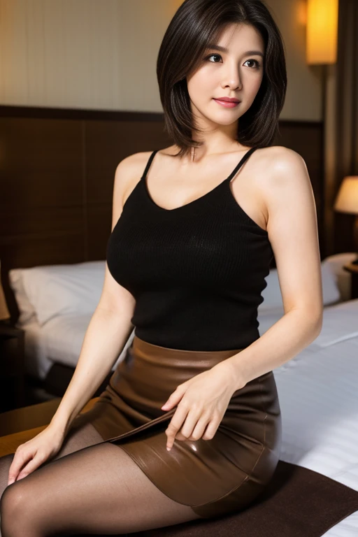 (8K,RAW Photos,highest quality,masterpiece:1.5),(Watching the audience:1.7),(Mature Woman:1.7),(A seductive look:1.7),(Black Hair),(live-action:1.5),(Realistic expression:1.5),(Big Breasts:1.5),(Narrow waist:1.5),(Thin and beautiful legs:1.5),(Slender:1.4),Showing beautiful teeth,(One Japanese woman:1.6),(She is sitting on the sofa in the living room with her legs open, exposing her vagina.:1.7),(Close all the buttons on your blouse:1.5),(Nobody Background 1.5),(Less exposure:1.5),(Woman in her 50s:1.7),(Short Hair:1.5),(A little cleavage is visible:1.4),(Sleeveless blouse:1.5),(The shape of her erect nipples can be seen through her blouse:1.6),(Her vagina is visible through the gap in her skirt:1.7),(Wrinkles around the eyes:1.7),(A blouse that reveals the shape of your breasts:1.6),(Hands behind head:1.5),(Beautiful and realistic vagina:1.5)