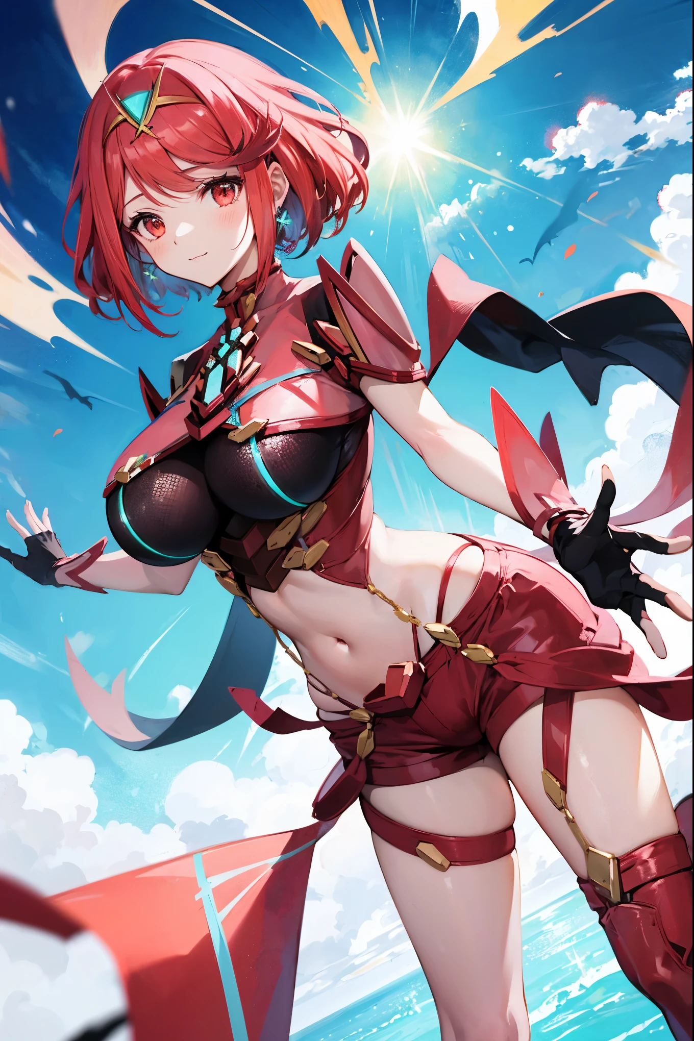 score_9, score_8_up, score_7_up, source_anime, rating_safe, BREAK pyra \(xenoblade\), 1girl, red hair, short hair, swept bangs, bob cut, red eyes, large breasts, tiara, earrings, chest jewel, backless outfit, bodysuit, covered navel, neon trim, clothing cutout, short sleeves, fingerless gloves, black gloves, short shorts, red footwear, thigh boots, fdutch angle, light smile, eye focus, closed mouth, looking at viewer, facing viewer, reaching towards viewer, outstretched arms, wind, floating hair, lightning, light particles, light rays, blue sky, cloud, sunlight, grassland_background ,lens flare,(plump:0.7),:3