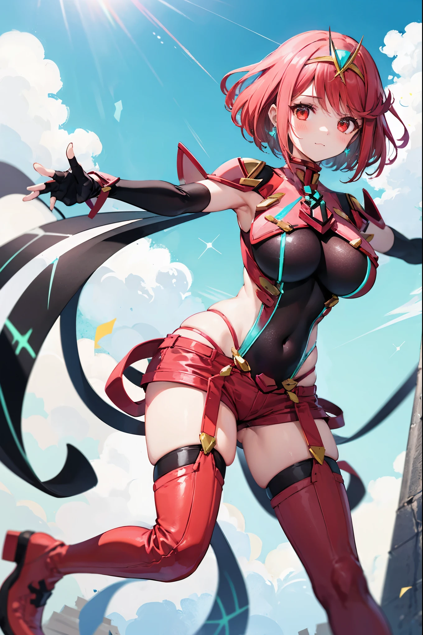 score_9, score_8_up, score_7_up, source_anime, rating_safe, BREAK pyra \(xenoblade\), 1girl, red hair, short hair, swept bangs, bob cut, red eyes, large breasts, tiara, earrings, chest jewel, backless outfit, bodysuit, covered navel, neon trim, clothing cutout, short sleeves, fingerless gloves, black gloves, short shorts, red footwear, thigh boots, fdutch angle, light smile, eye focus, closed mouth, looking at viewer, facing viewer, reaching towards viewer, outstretched arms, wind, floating hair, lightning, light particles, light rays, blue sky, cloud, sunlight, grassland_background ,lens flare,(plump:0.7),:3