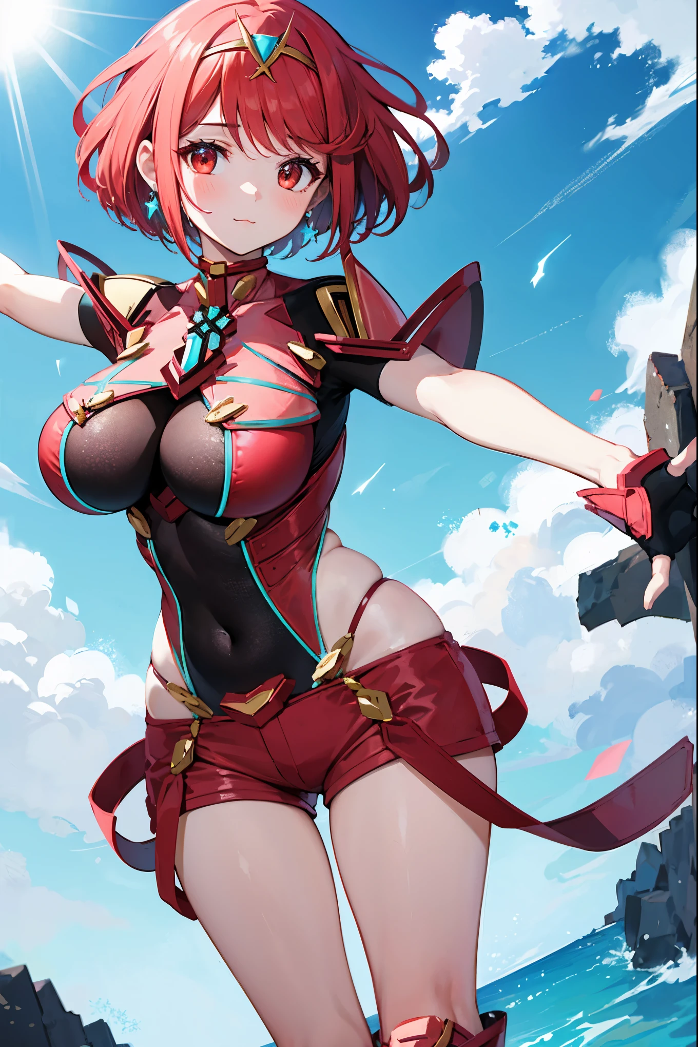 score_9, score_8_up, score_7_up, source_anime, rating_safe, BREAK pyra \(xenoblade\), 1girl, red hair, short hair, swept bangs, bob cut, red eyes, large breasts, tiara, earrings, chest jewel, backless outfit, bodysuit, covered navel, neon trim, clothing cutout, short sleeves, fingerless gloves, black gloves, short shorts, red footwear, thigh boots, fdutch angle, light smile, eye focus, closed mouth, looking at viewer, facing viewer, reaching towards viewer, outstretched arms, wind, floating hair, lightning, light particles, light rays, blue sky, cloud, sunlight, grassland_background ,lens flare,(plump:0.7),:3