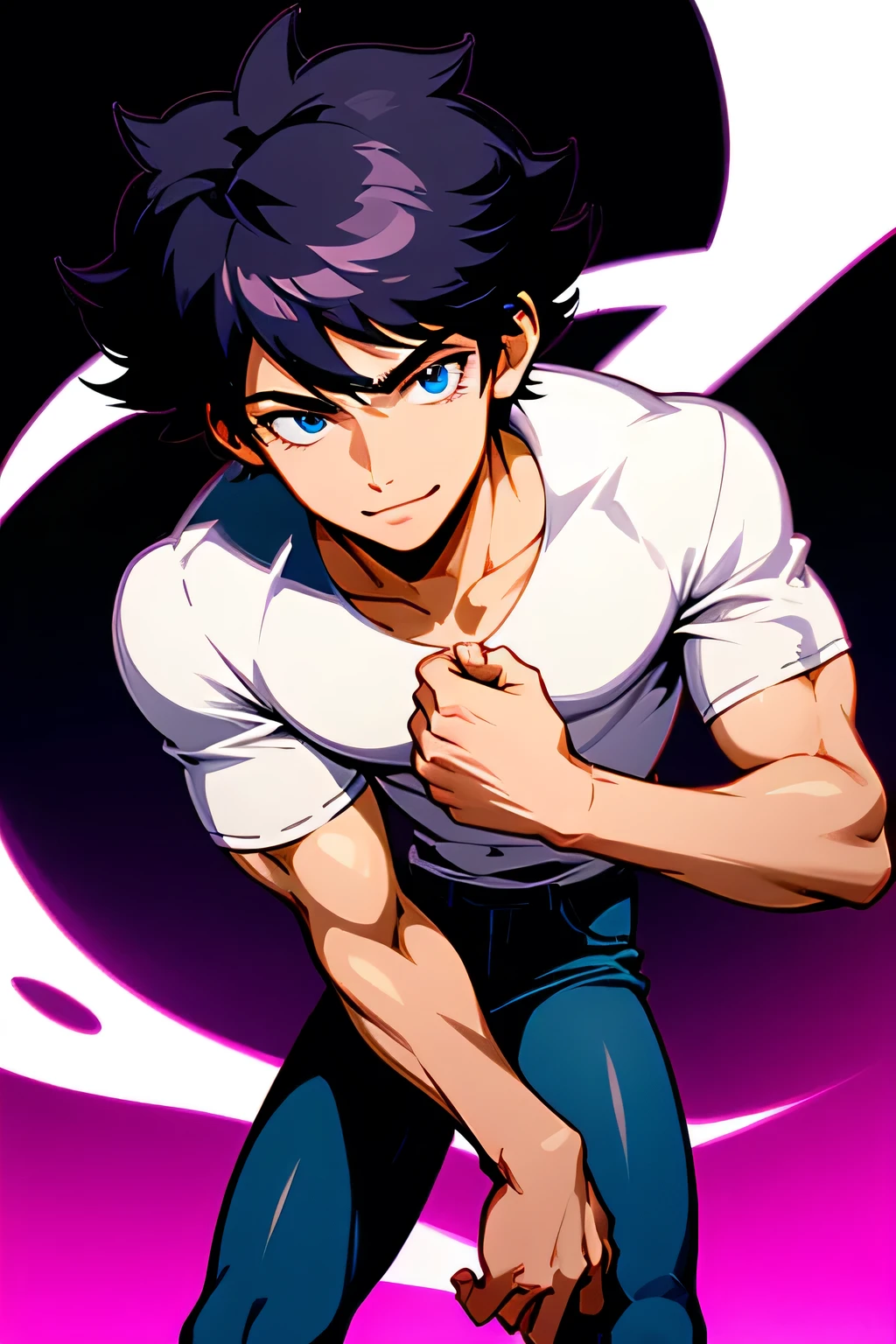 man,Tall,Broad shoulders,white, short black hair,Sweet face,handsome,Smiling, not wearing a shirt, in tight pants , in a dark atmosphere,Deep blue eyes, black background, best picture ,Ugh in a sexy position