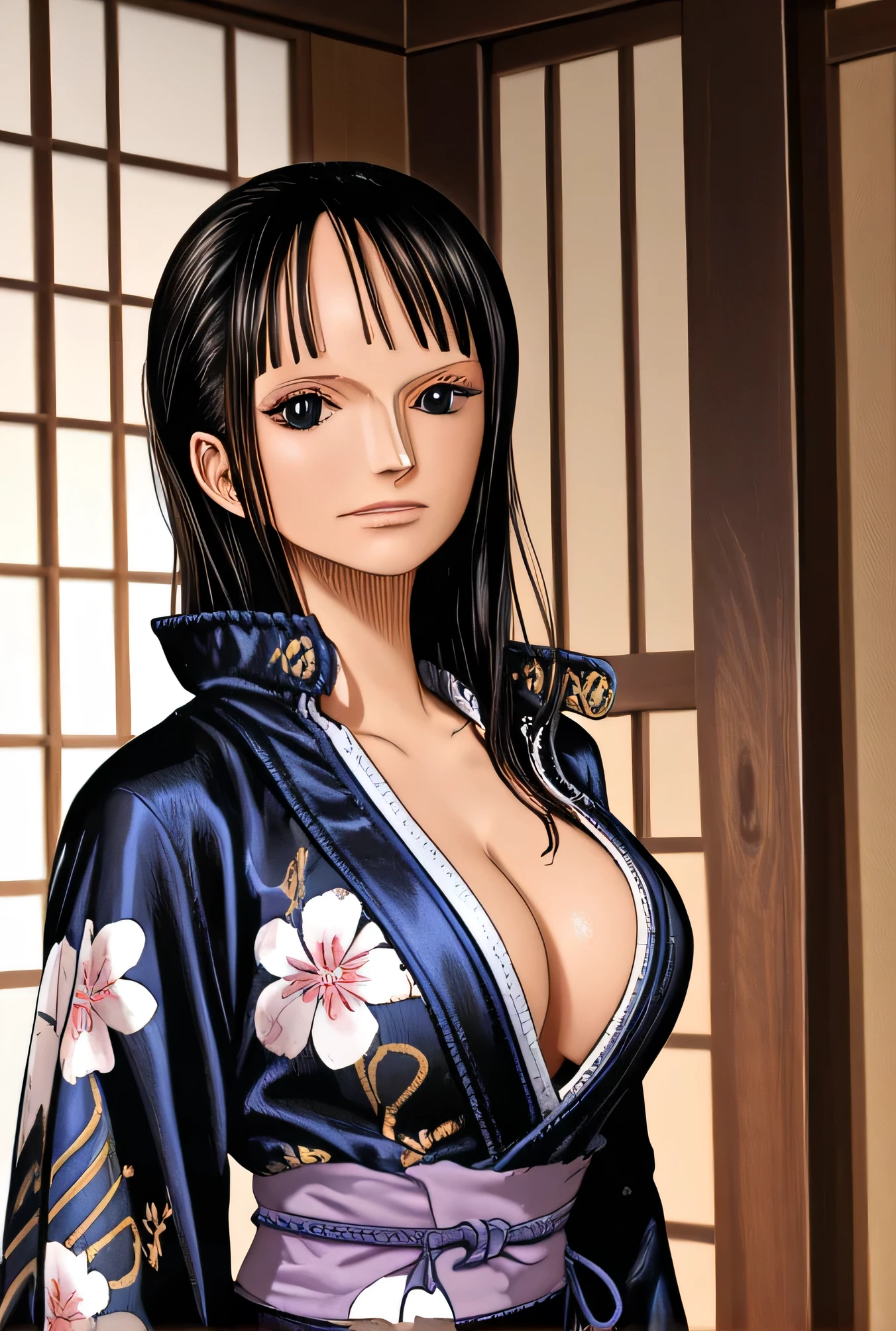 Nico Robin, long hair, ((big breasts: 1.1)), ((kimono: 1.1)), perfect face, beautiful eyes and face, ((Black eyes: 1.27)), Very detailed, single, ((detailed skin quality: 1.2)), ((unrealistic: 1.2)), high resolution, RAW photo, masterpiece, highest quality, beauty, whole body, hairstyle details, mature woman, Japanese room, RAW photo, highest quality, masterpiece, realistic, high resolution, hyper detail, realism, beautiful face, 1 woman, high resolution, 8k, highly detailed, 4K, Pixiv