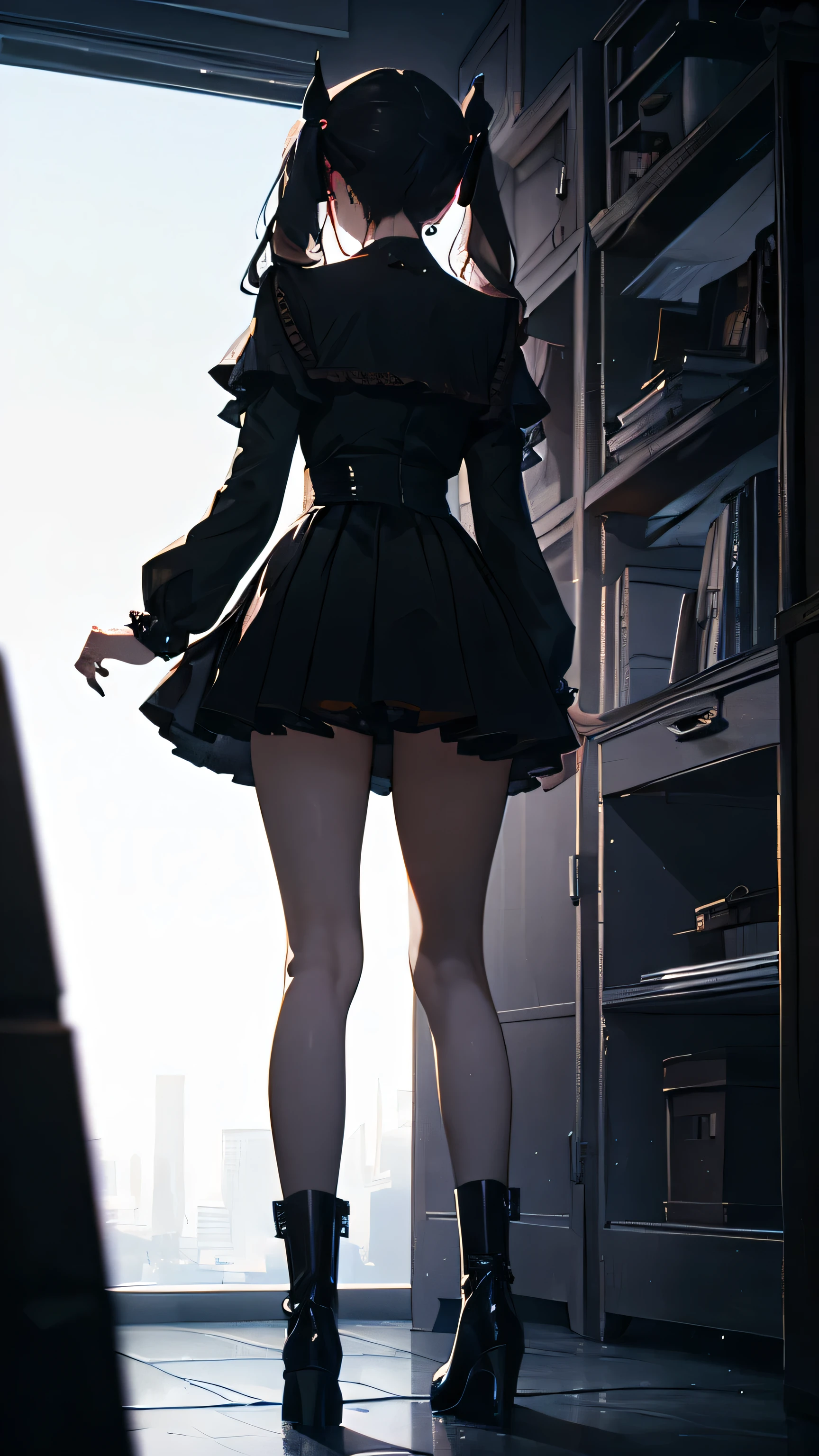 (masterpiece, super detailed ,In 8K, best composition, moody lighting, photorealistic, dynamic shot:1.5),standing、full body、from front、looking back、sad,jitome, pink twin tails,blunt bangs、 Thin-lipped frown,,Pink and black color fashion,Jirai fashion with very delicate details,Black platform high boots, beautiful long legs ,no background