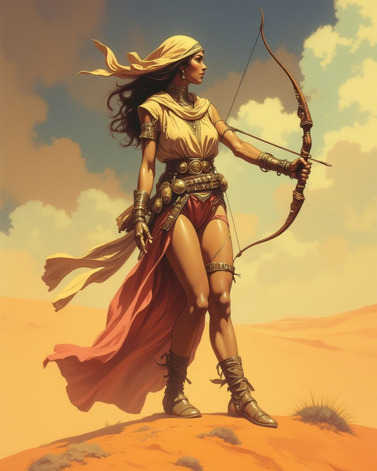 Frank Frazetta fantasy oil painting, Saudi Arabian female archer, dressed in flowing desert fabrics and carrying a magical bow, standing atop a sand dune as a sandstorm approaches. Her pose is dynamic and confident, blending modern street fashion photography with a high-fantasy setting filled with danger.