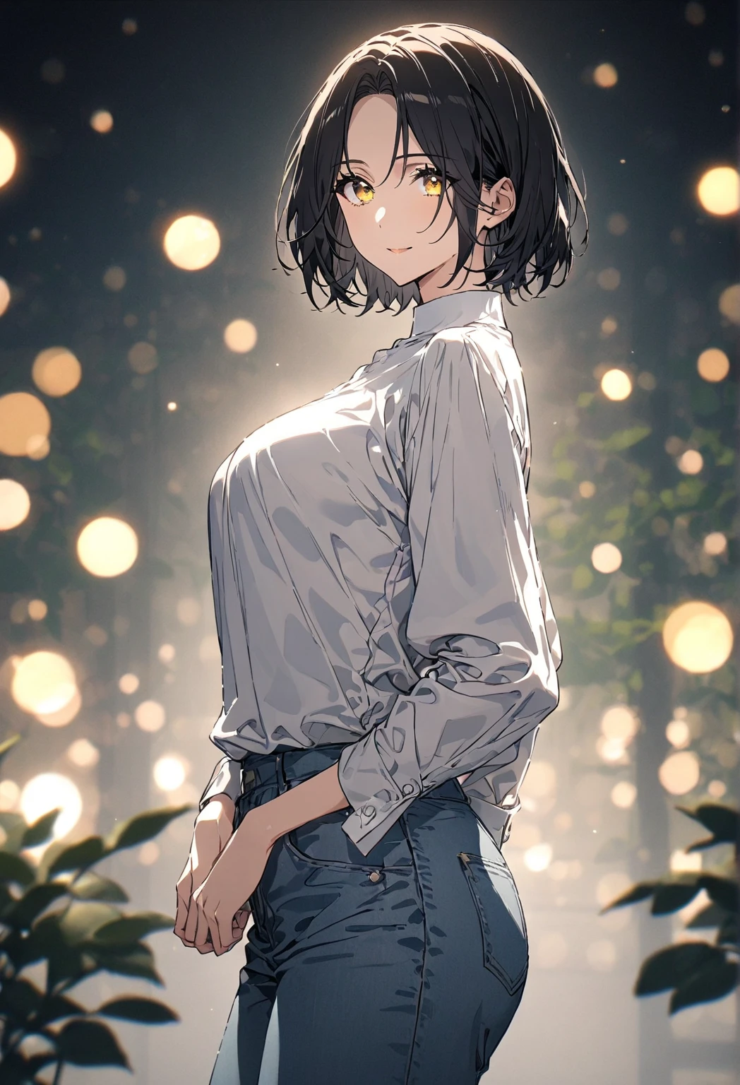 Tatiana Cartien, masterpiece, best quality, ultra-detailed, 8K, solo, alone, mature woman, adult woman, calm, elegant, beautiful, busty housewife, parted bangs, black hair, very short hair, tomboy, tomboyish hairstyle, yellow eyes, She is wearing a shirt and jeans. Standing on a magical dreamy celestial forest, night sky, cinematic depth of field, bokeh, close mouth, sweet smile, looking gently at the viewer, both hands and arms are behind her back, standing,