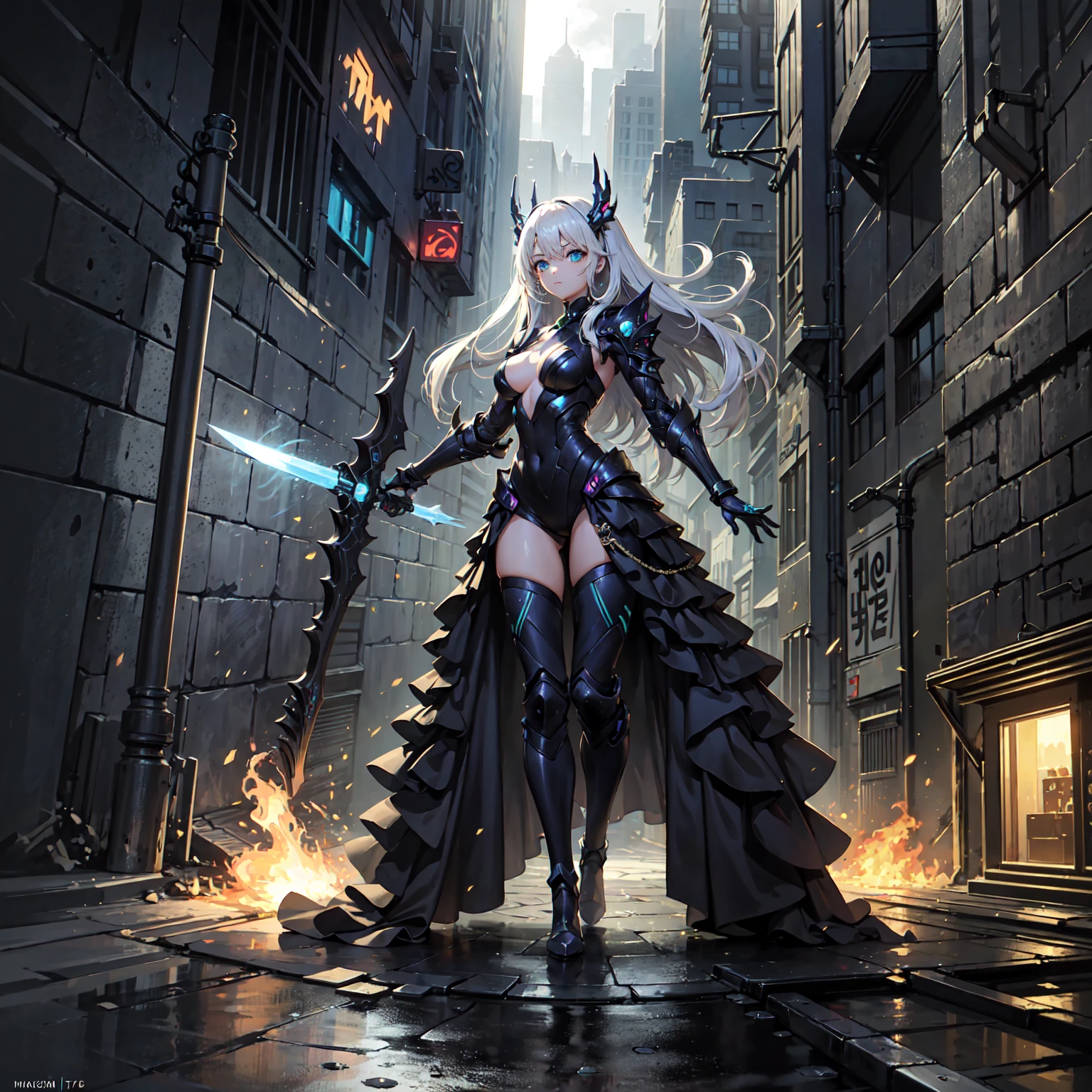 1girl!!! (solo), long hair, straight hair, light white hair, big breasts, small size, green eyes, very fair skin, serious face, black tight kimono armor, deep neckline, blood on face, full body, night, dark cave, very sexy body, detailed face, highly detailed, 8k, best quality, masterpiece, vibrant colors, digital art, concept art