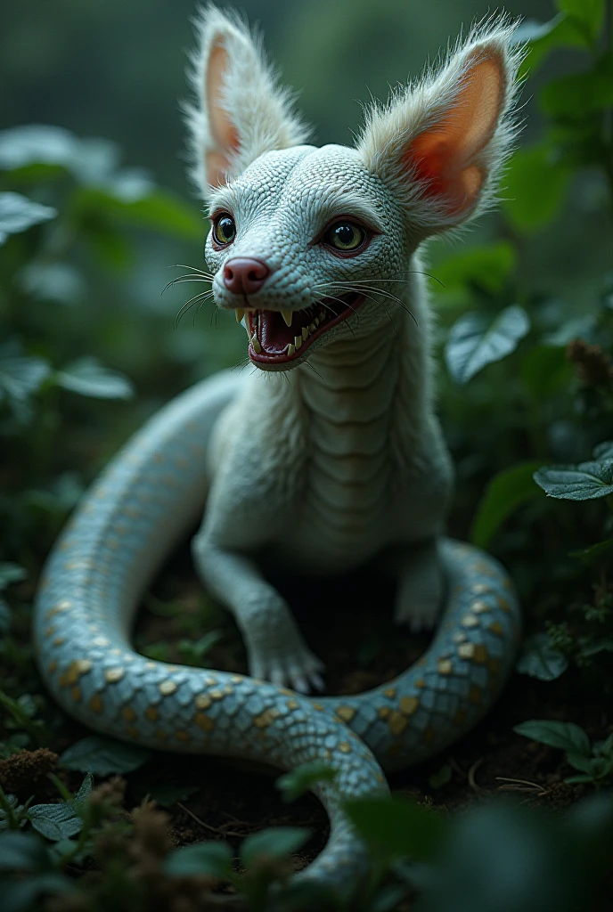 "Create a dark and menacing image of a hybrid creature with the body of a snake and the head of a rat. The creature should have the long, sinuous body and scales of a snake, combined with the sharp, aggressive features of a rat's head. It should have the rat’s beady eyes, long whiskers, and exposed sharp teeth. The snake’s body should be coiled or slithering, emphasizing its dangerous and sinister nature. The background should be dark and shadowy to enhance the creature’s threatening appearance."